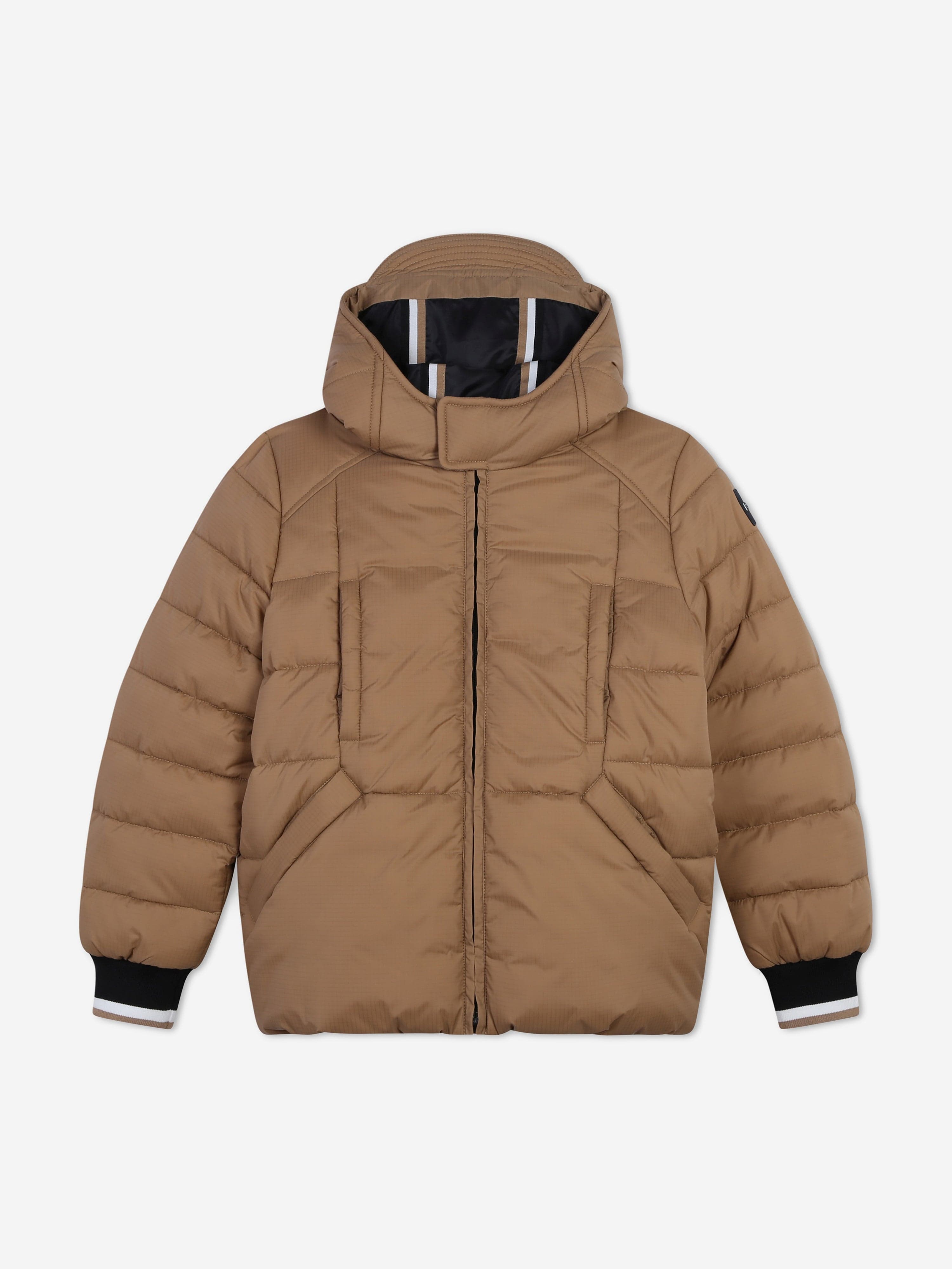 BOSS Boys Logo Puffer Jacket in Brown