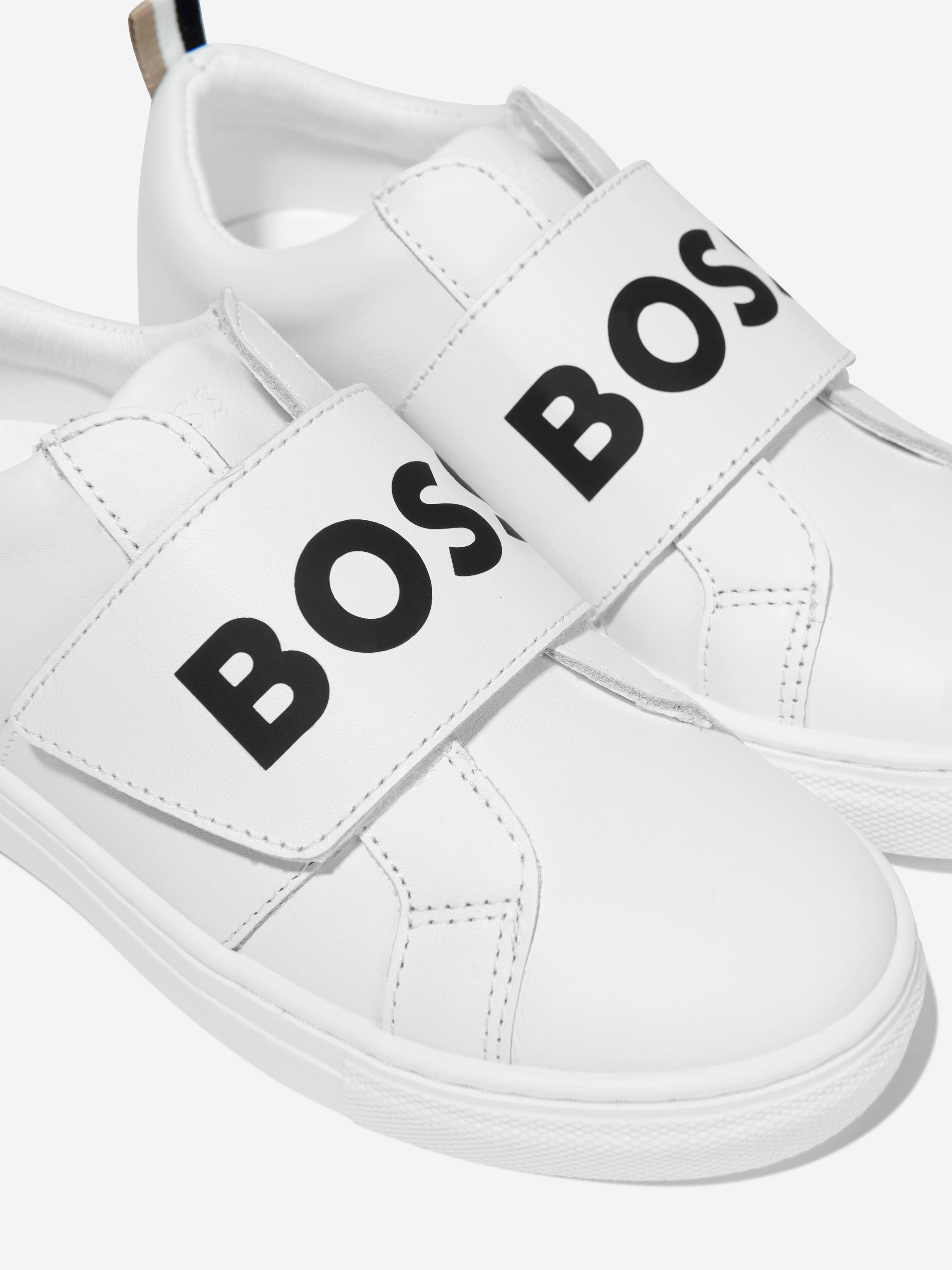 BOSS Boys Leather Logo Trainers In White