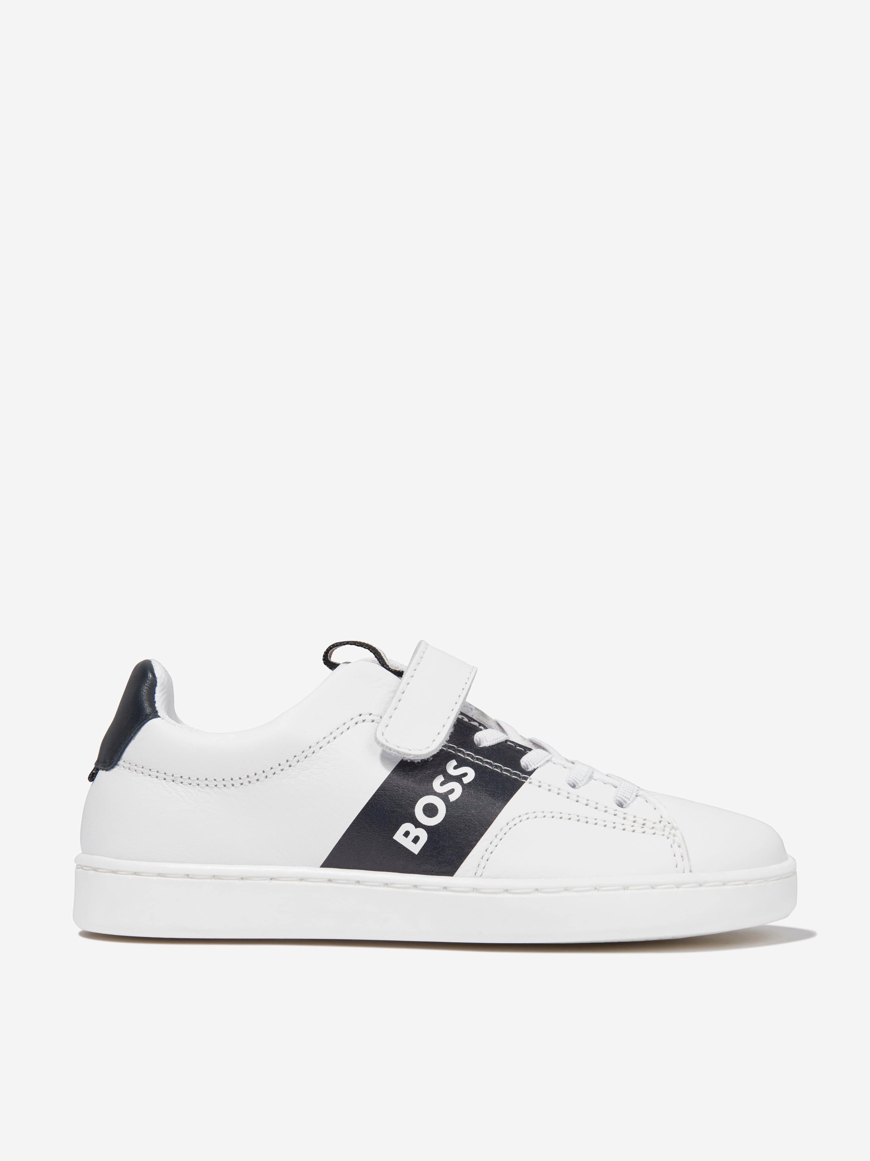 BOSS Boys Leather Logo Trainers In White