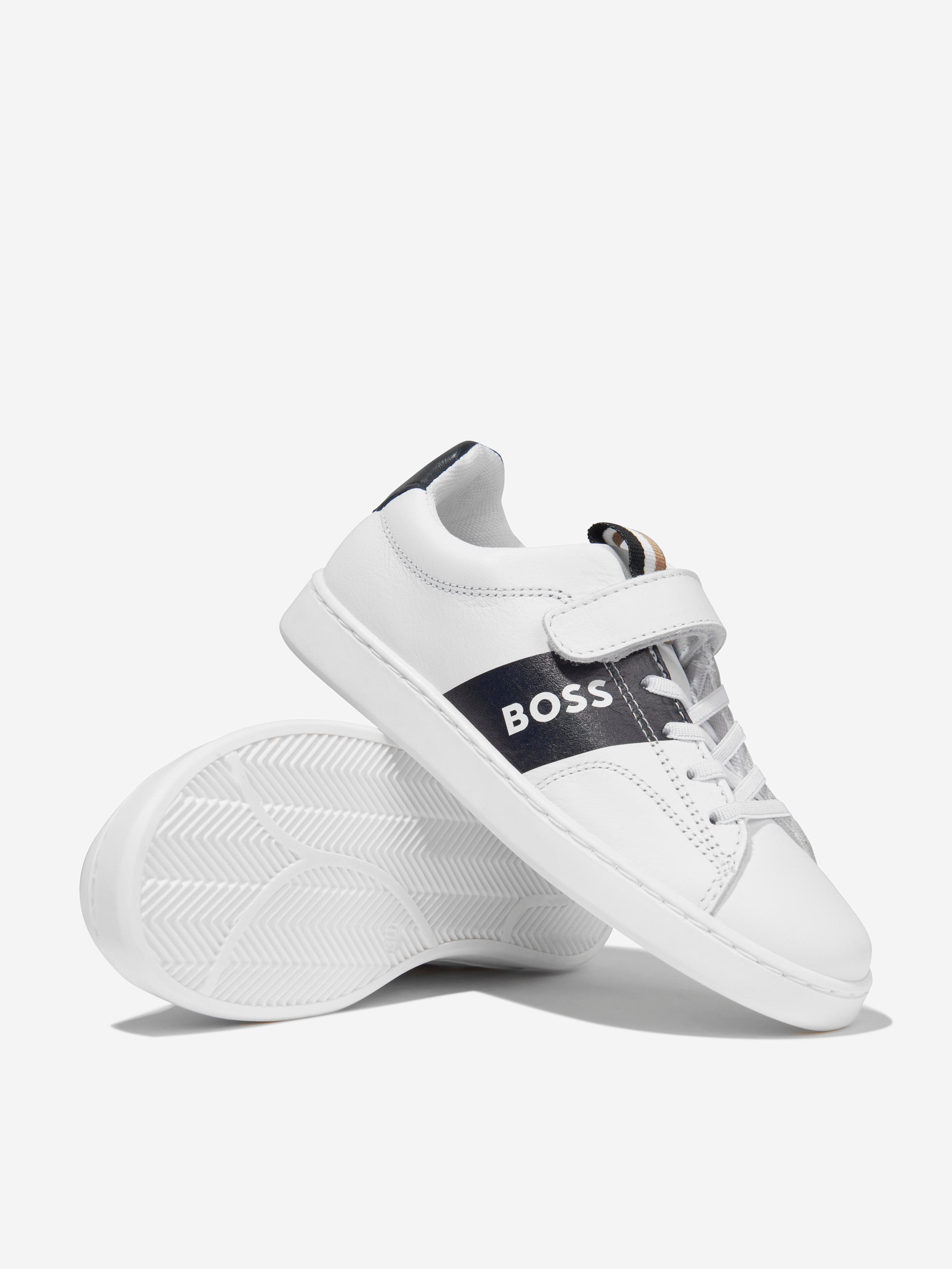 BOSS Boys Leather Logo Trainers In White