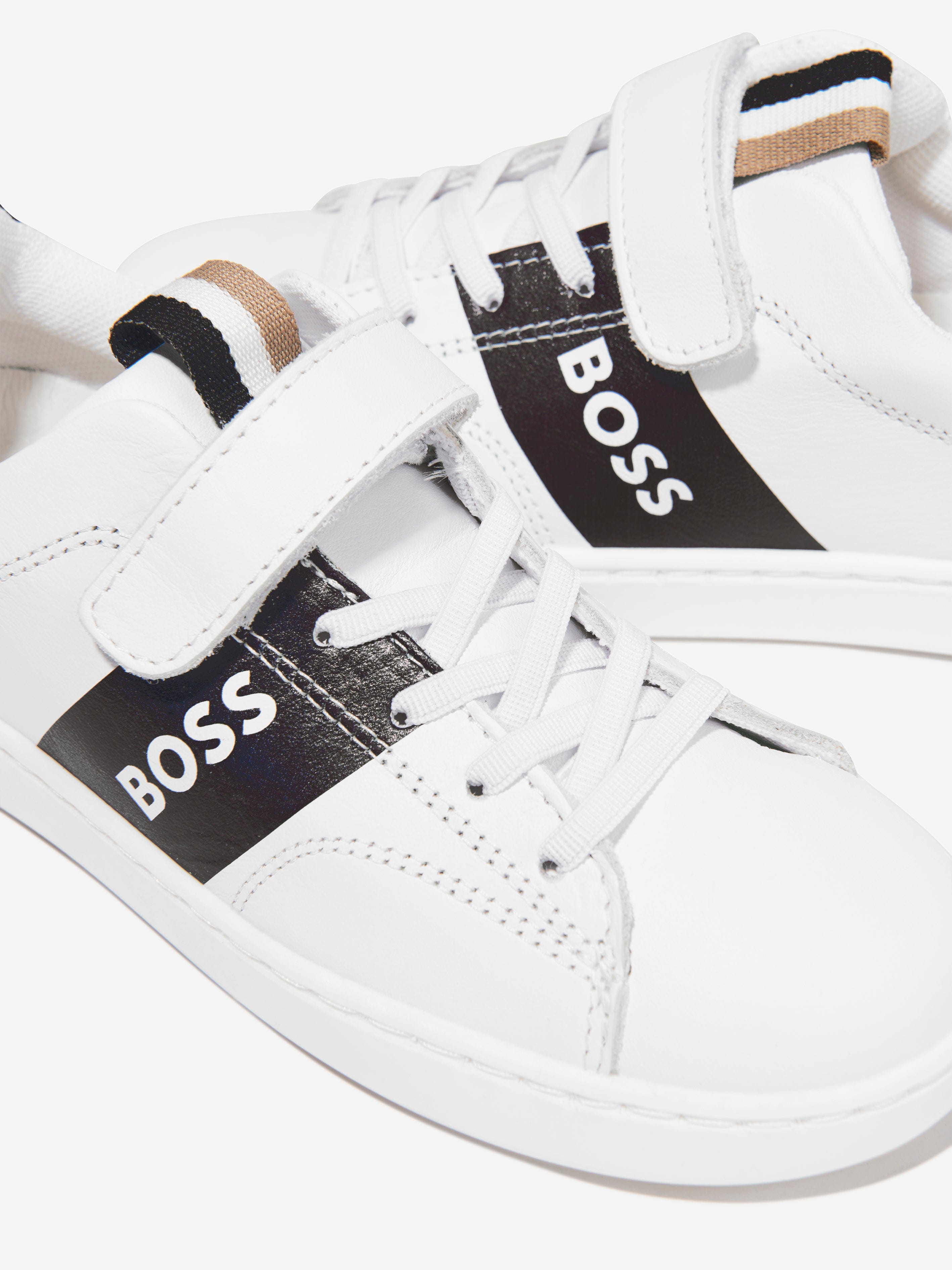 BOSS Boys Leather Logo Trainers In White