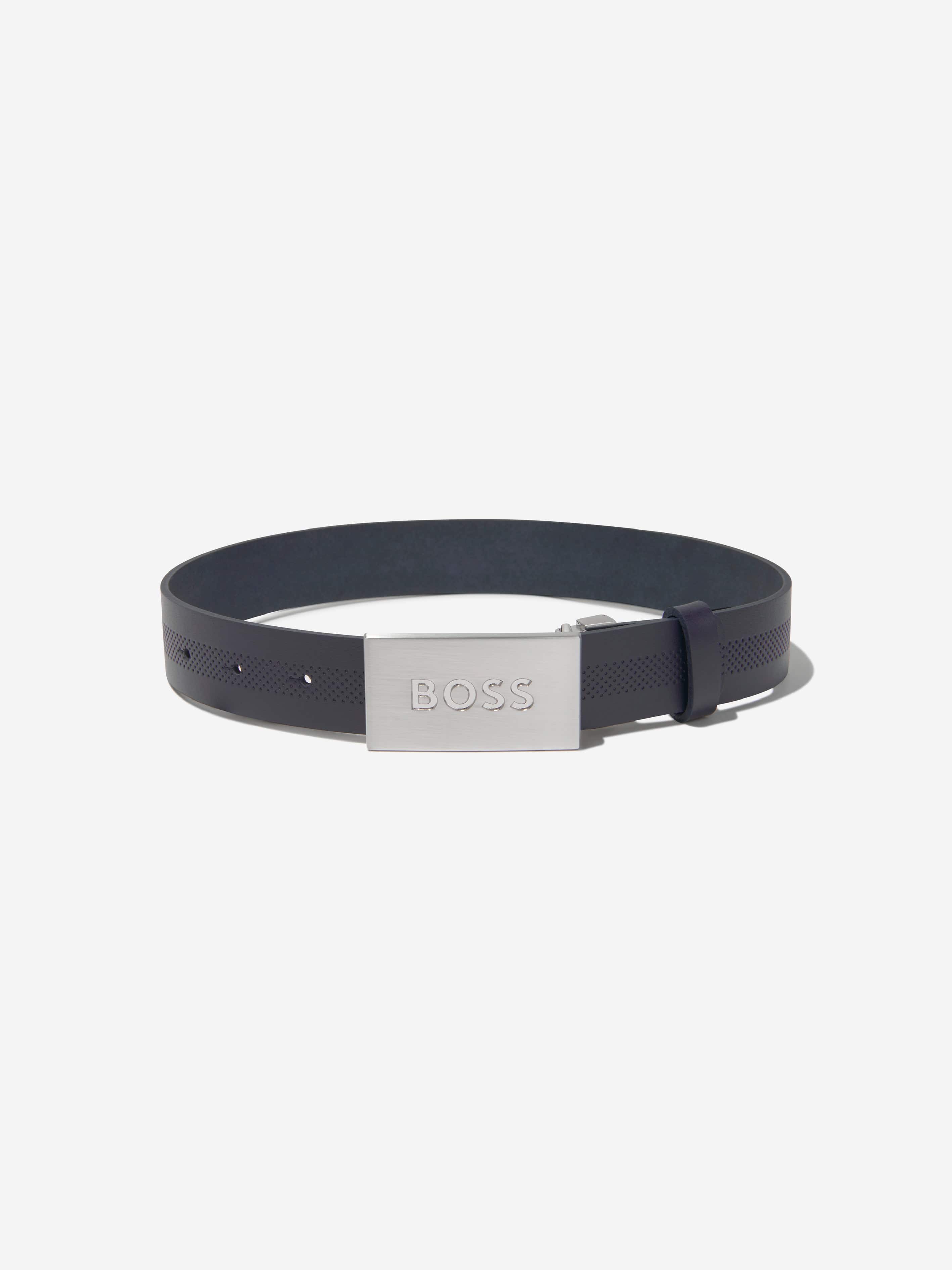 BOSS Boys Textured Leather Belt In Navy