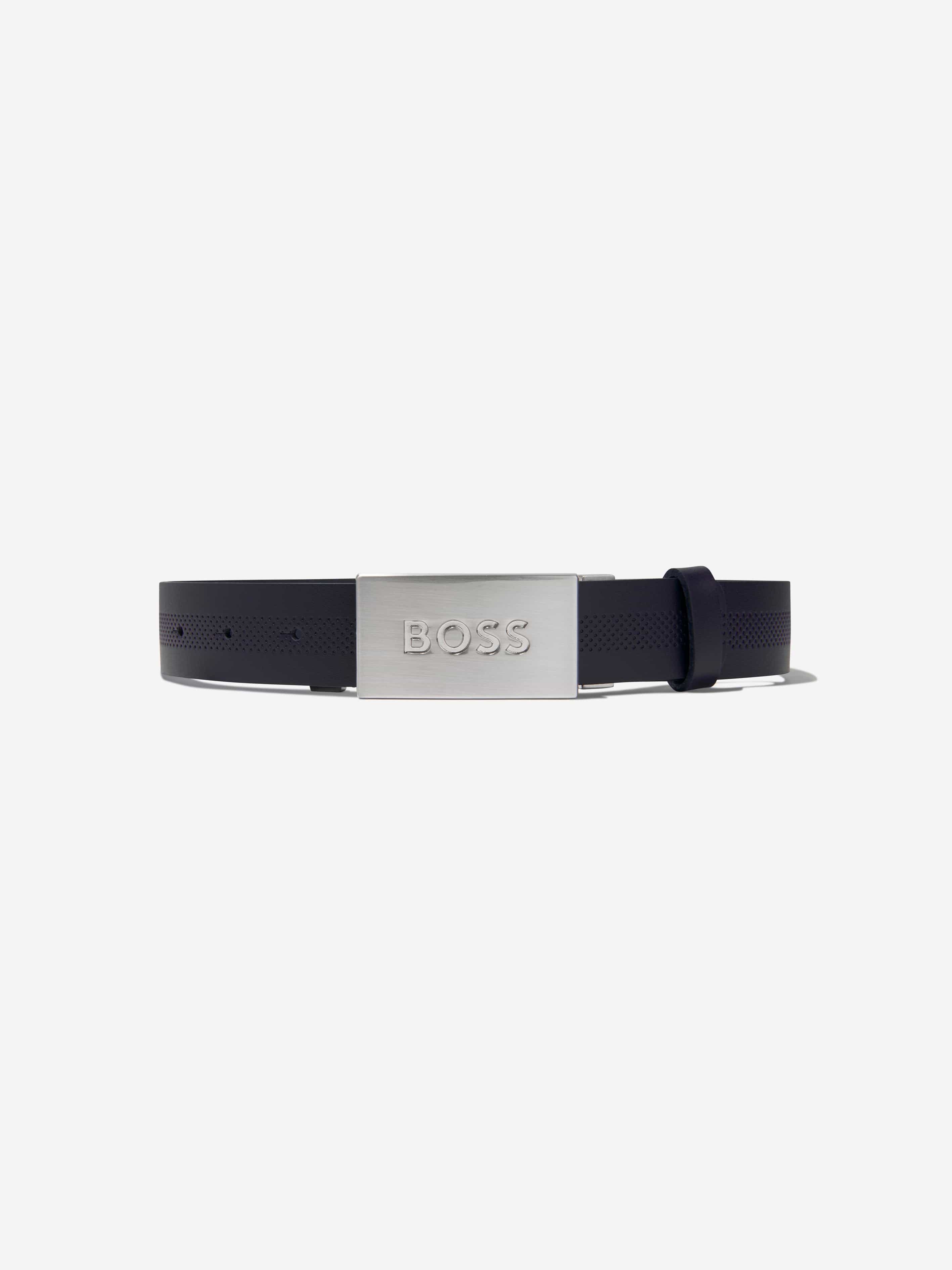 BOSS Boys Textured Leather Belt In Navy