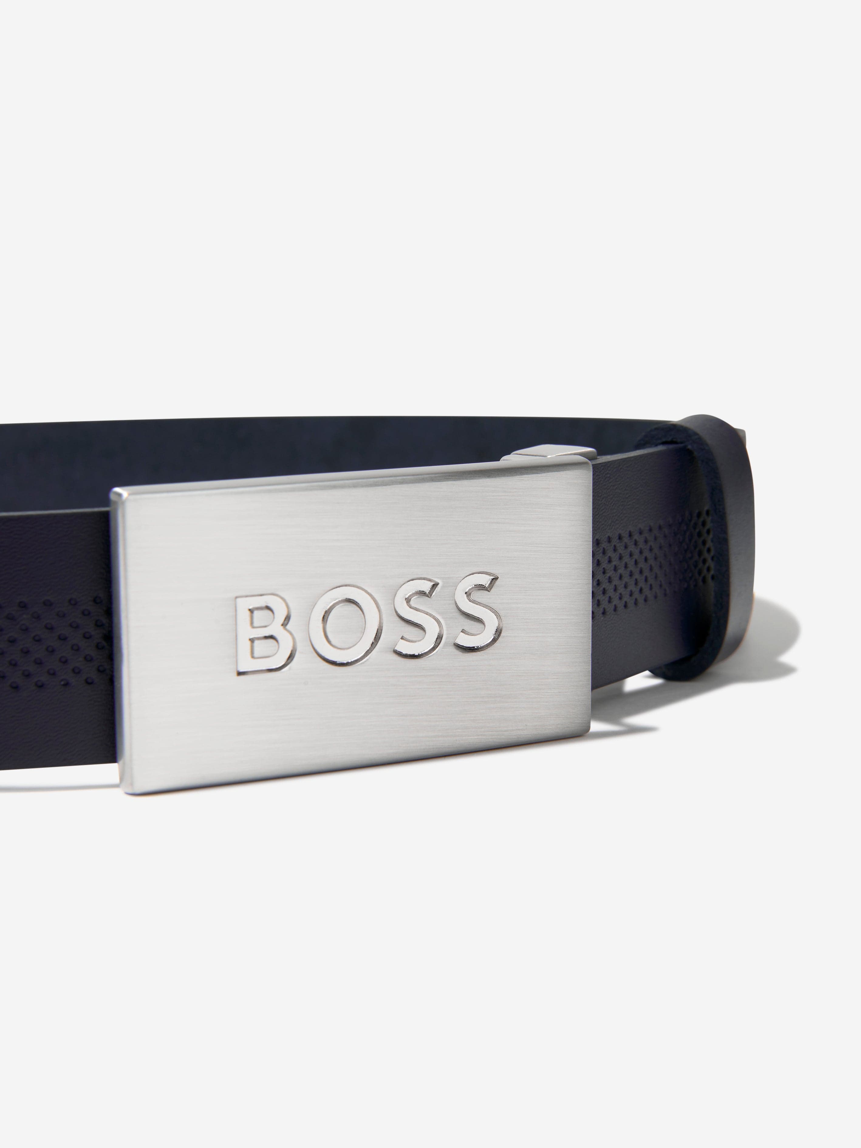 BOSS Boys Textured Leather Belt In Navy