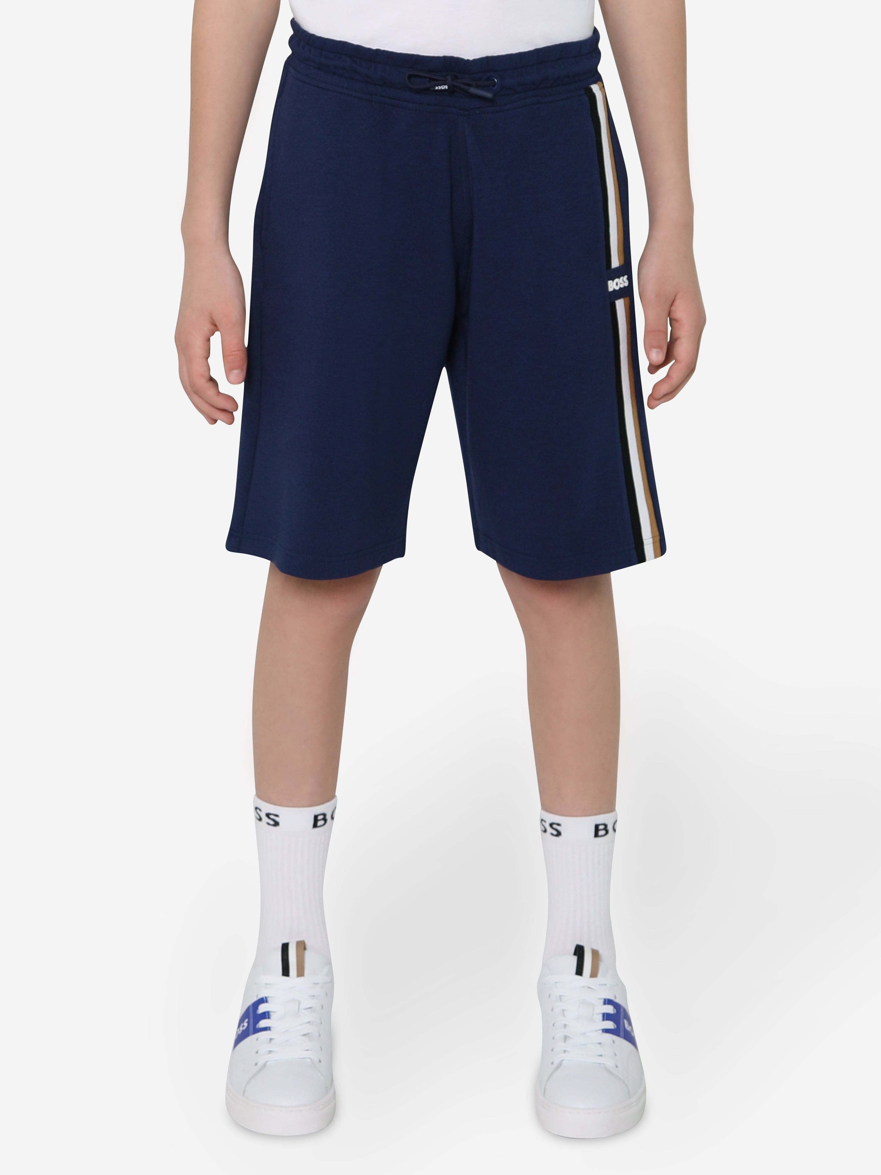 BOSS Boys Logo Stripe Bermuda Shorts In Navy