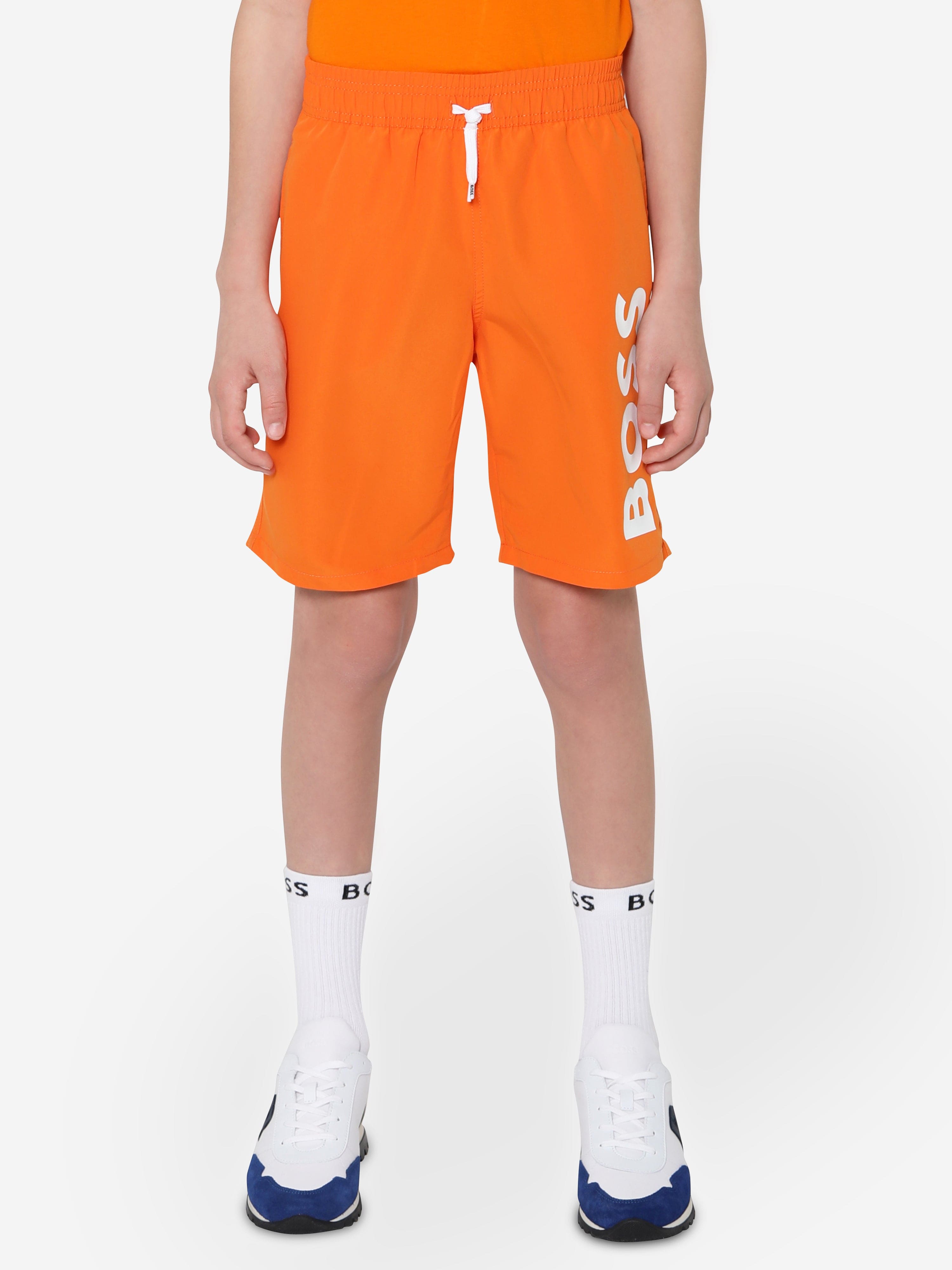 BOSS Boys Logo Swim Shorts In Orange