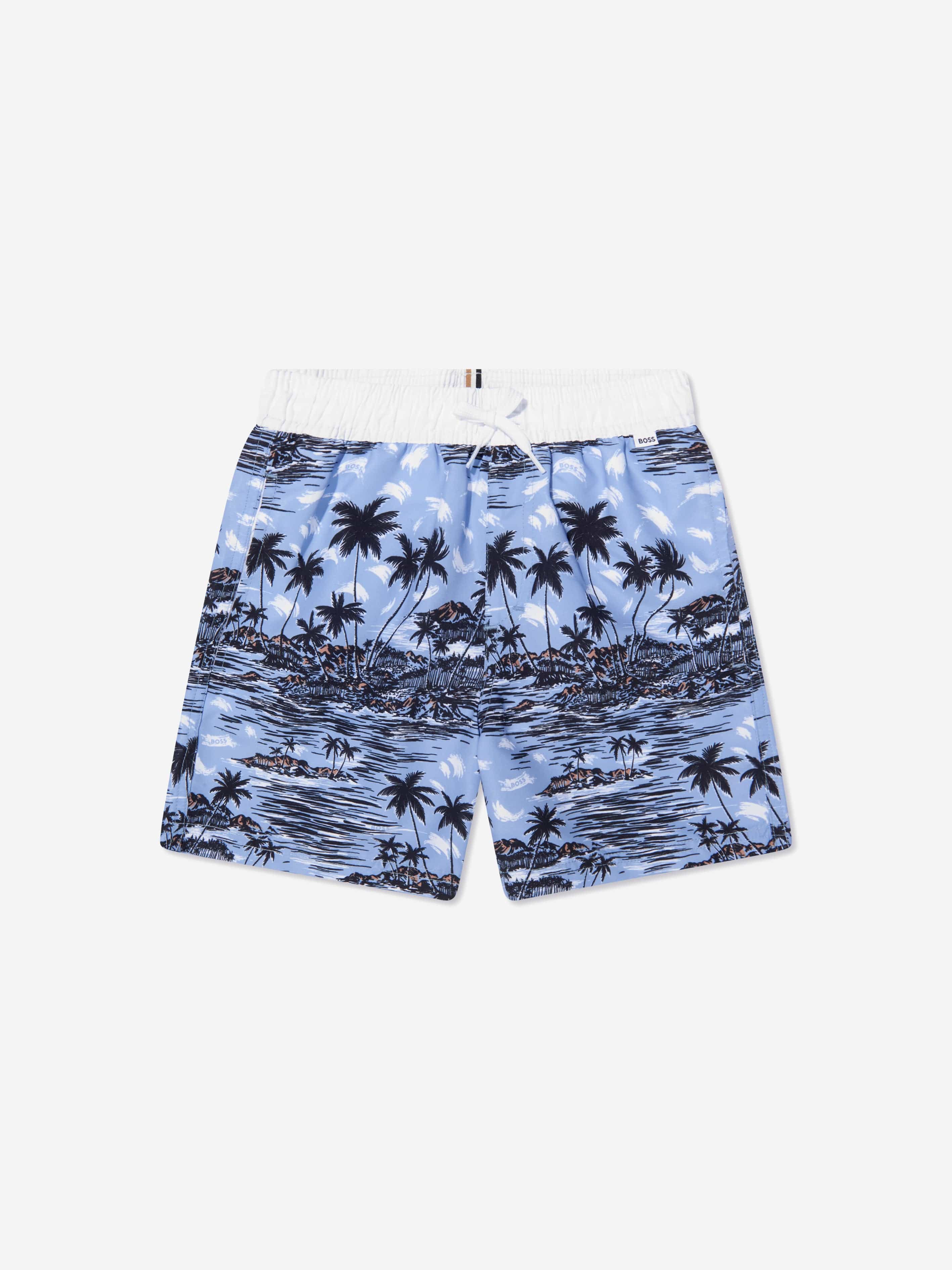 BOSS Boys Tropical Print Swim Shorts In Blue