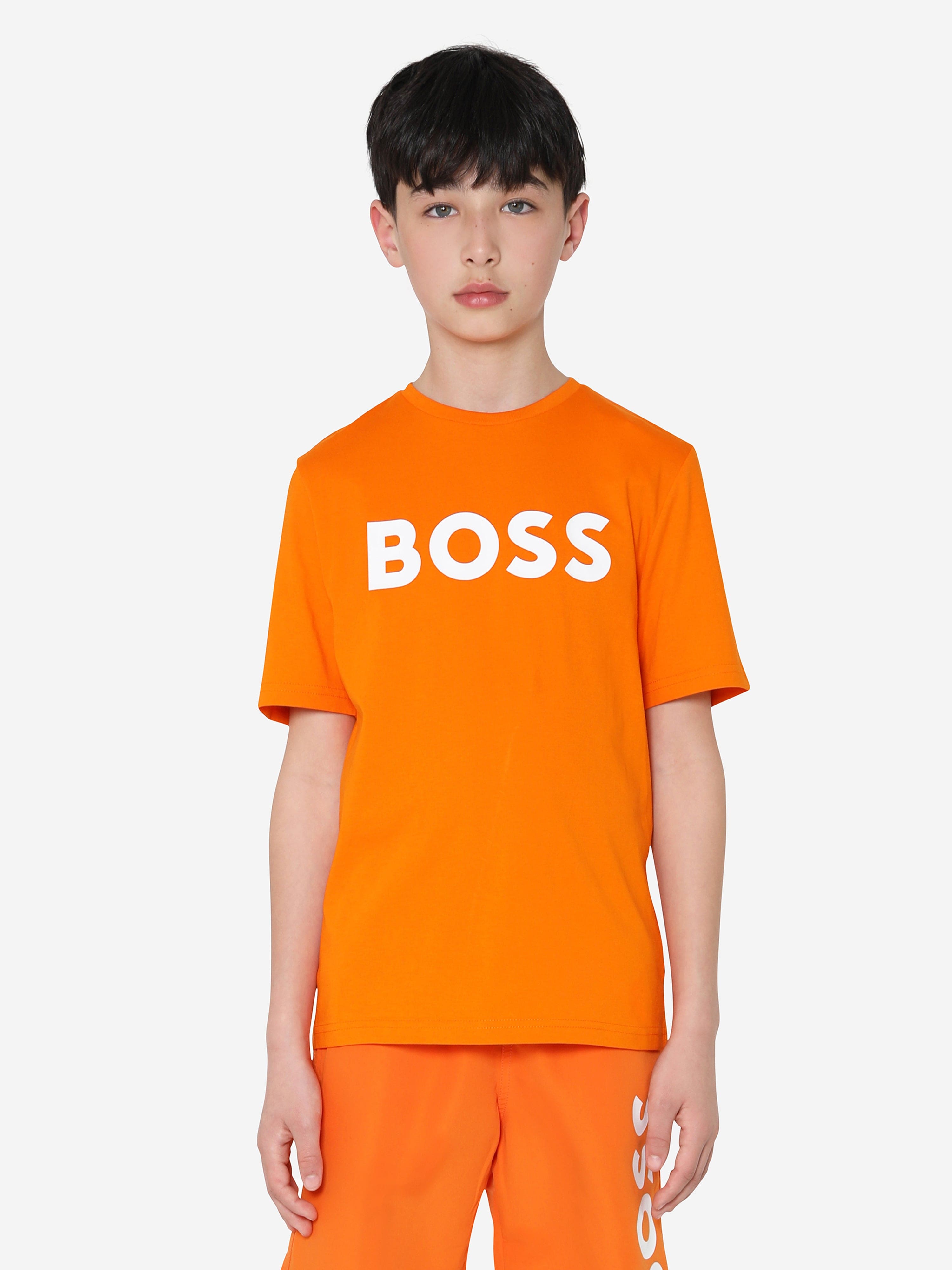 BOSS Boys Logo Print T-Shirt In Orange