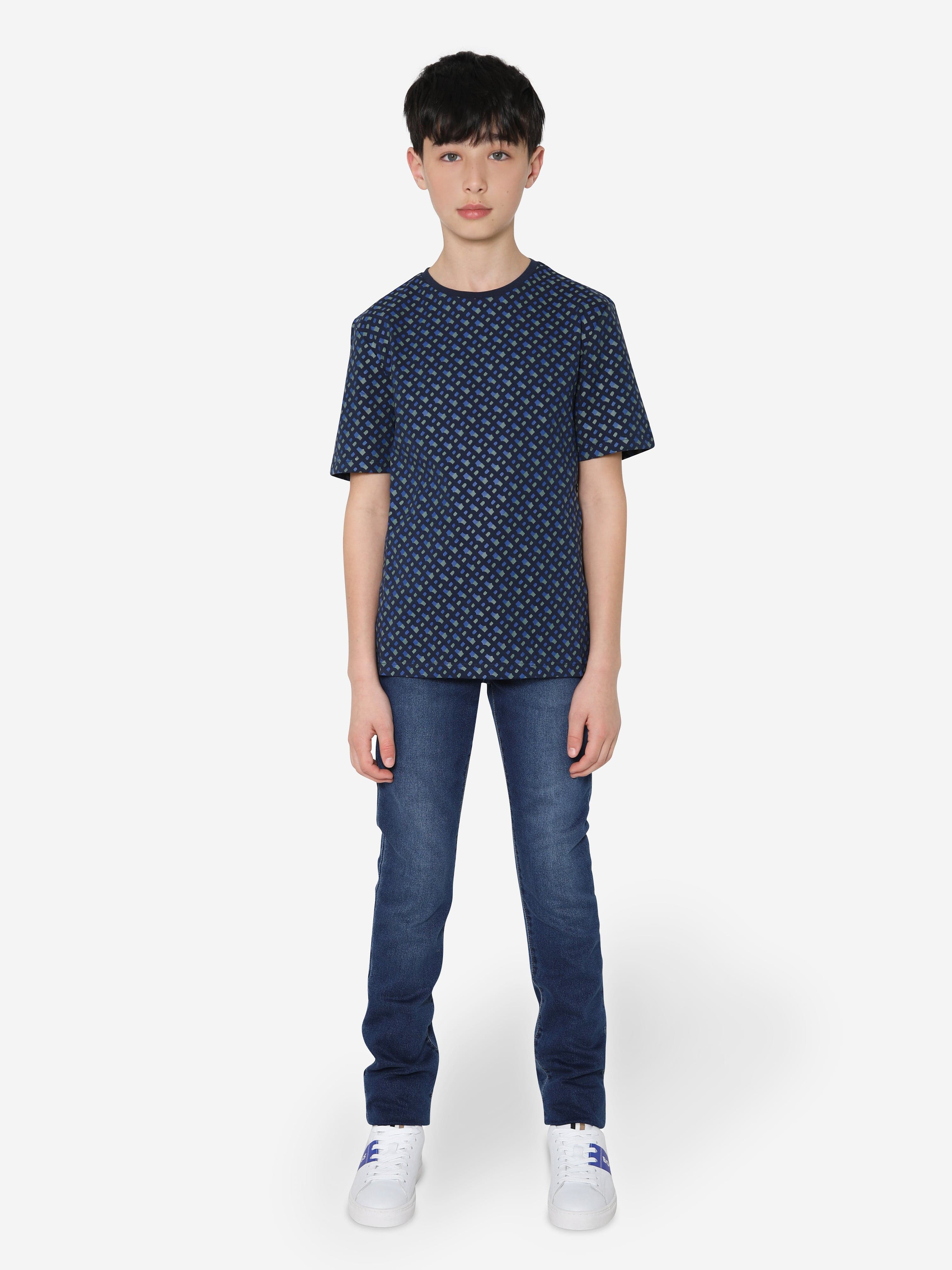 BOSS Boys Organic Cotton Monogram T-Shirt In Navy