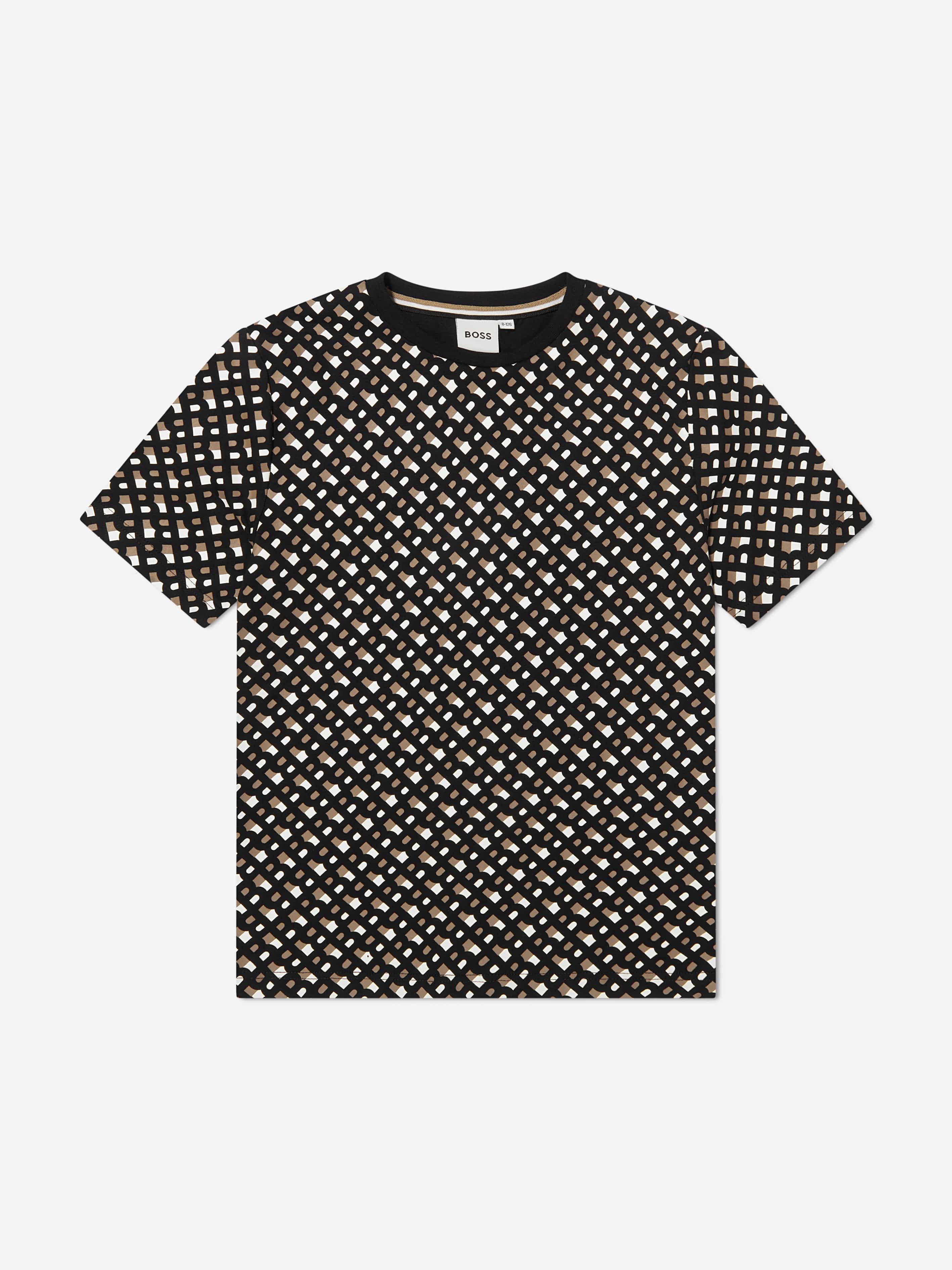 BOSS Boys Organic Cotton Monogram T-Shirt In Black