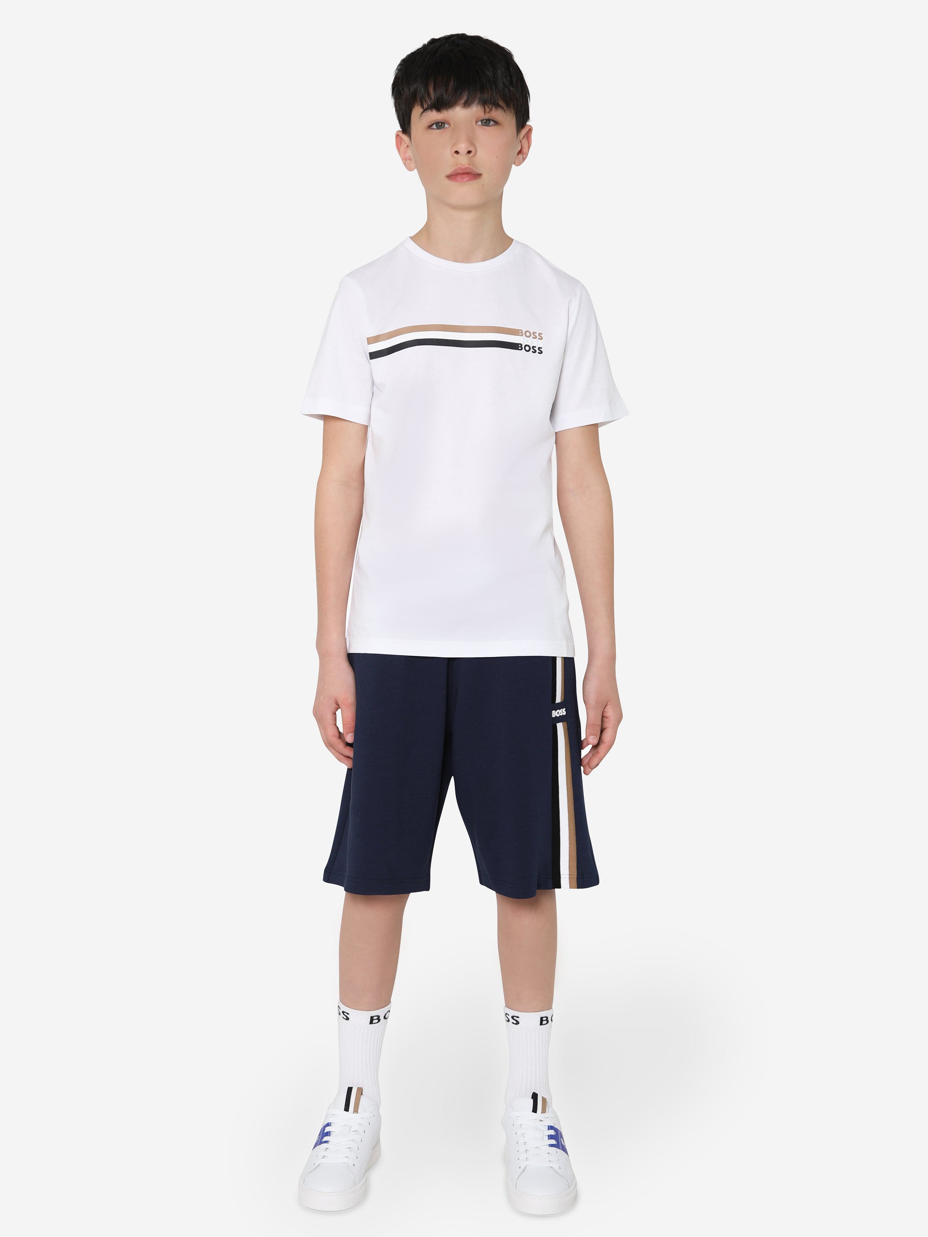 BOSS Boys Logo Stripe T-Shirt In White