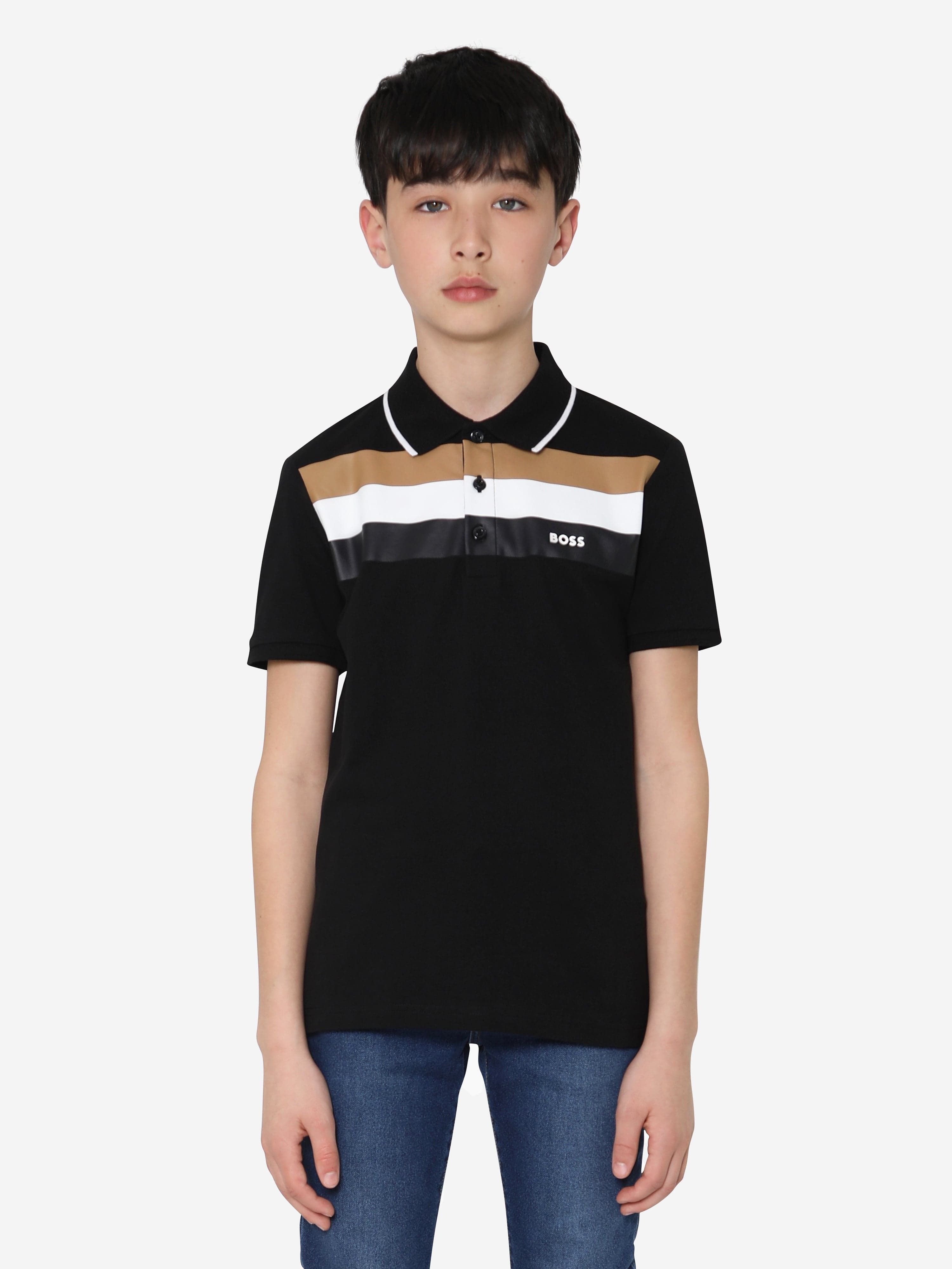 BOSS Boys Striped Polo Shirt In Black