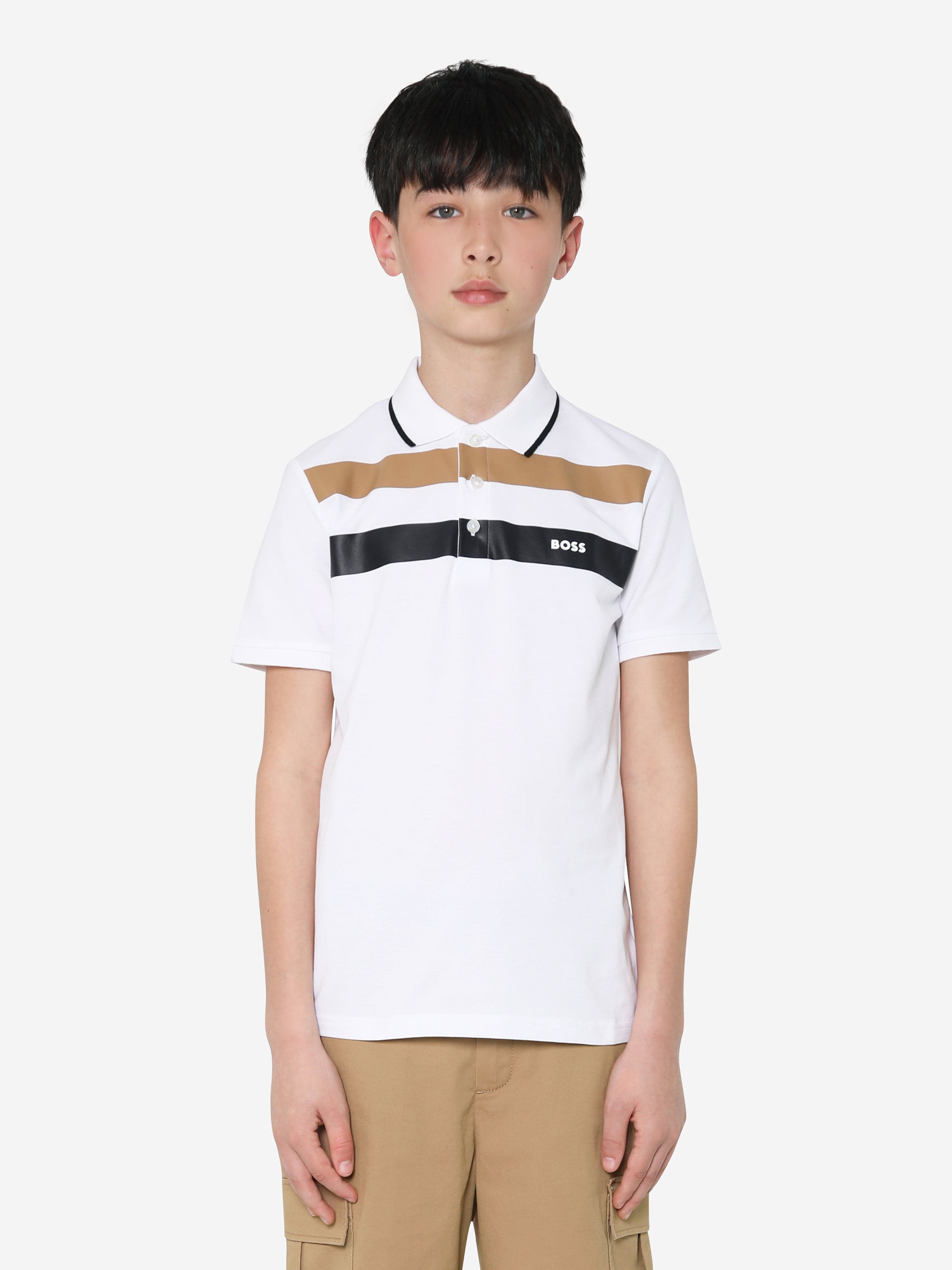 BOSS Boys Striped Polo Shirt In White