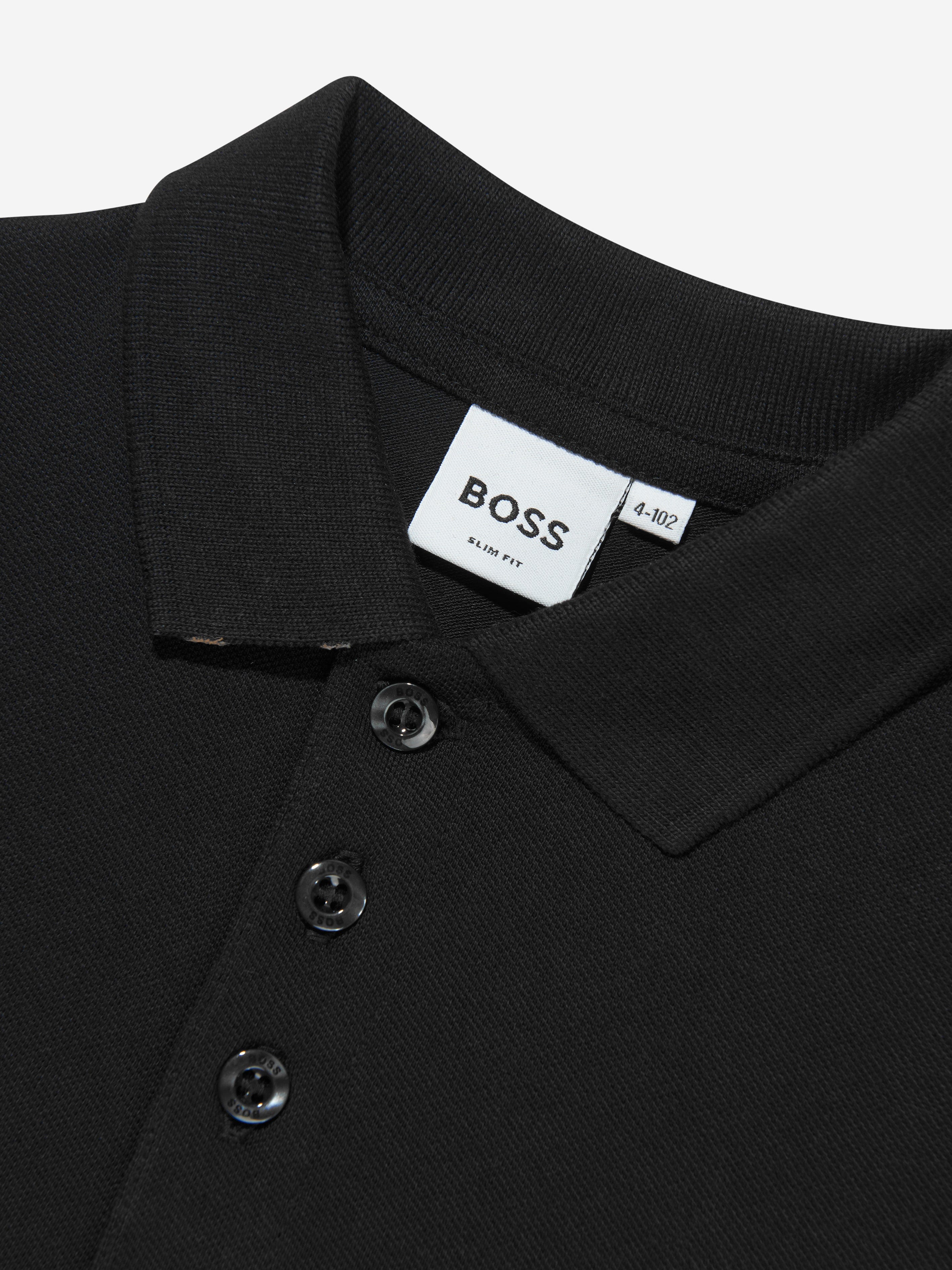 BOSS Boys Monogram Trim Polo Shirt In Black