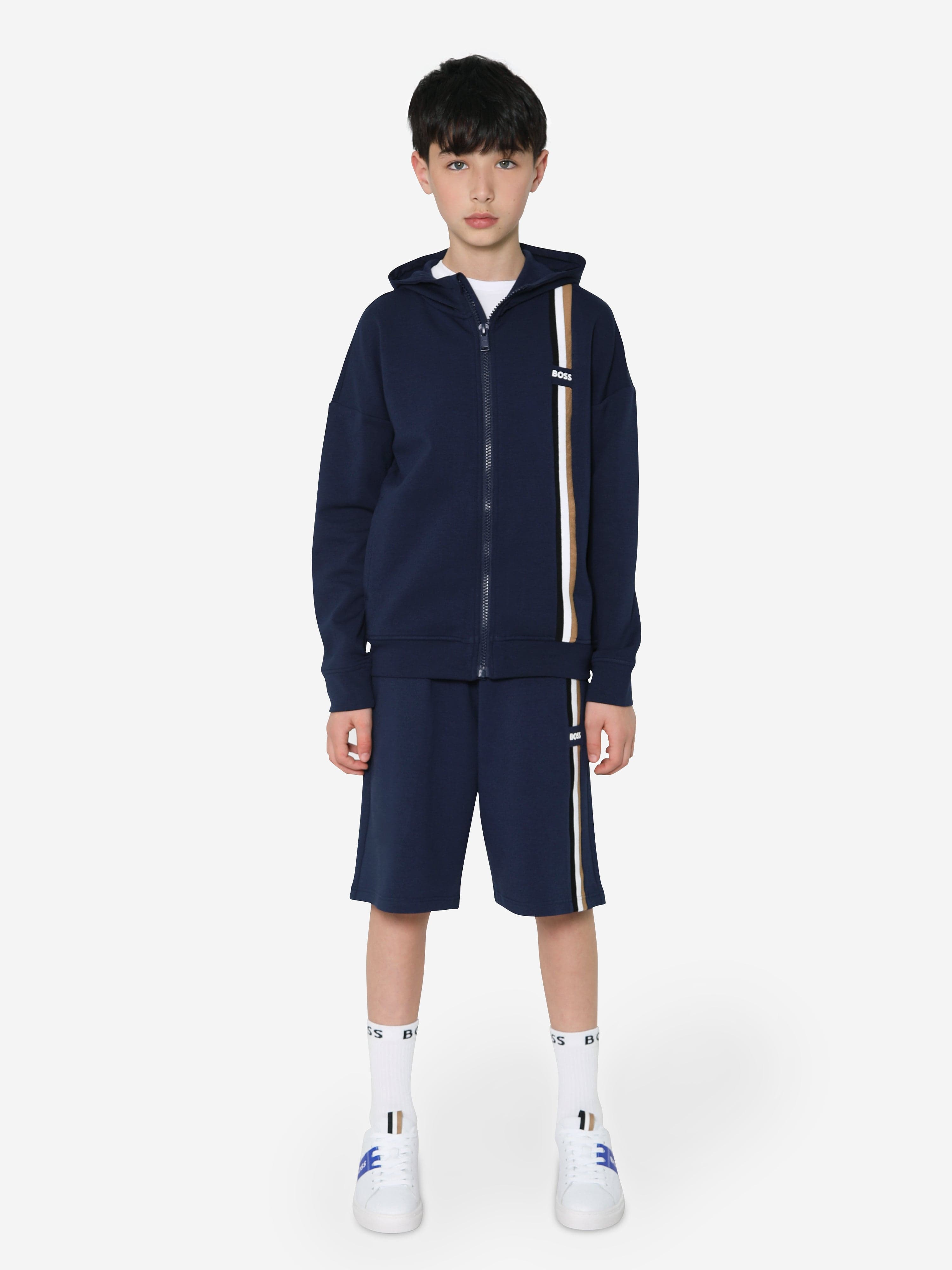 BOSS Boys Logo Stripe Zip Up Hoodie In Navy