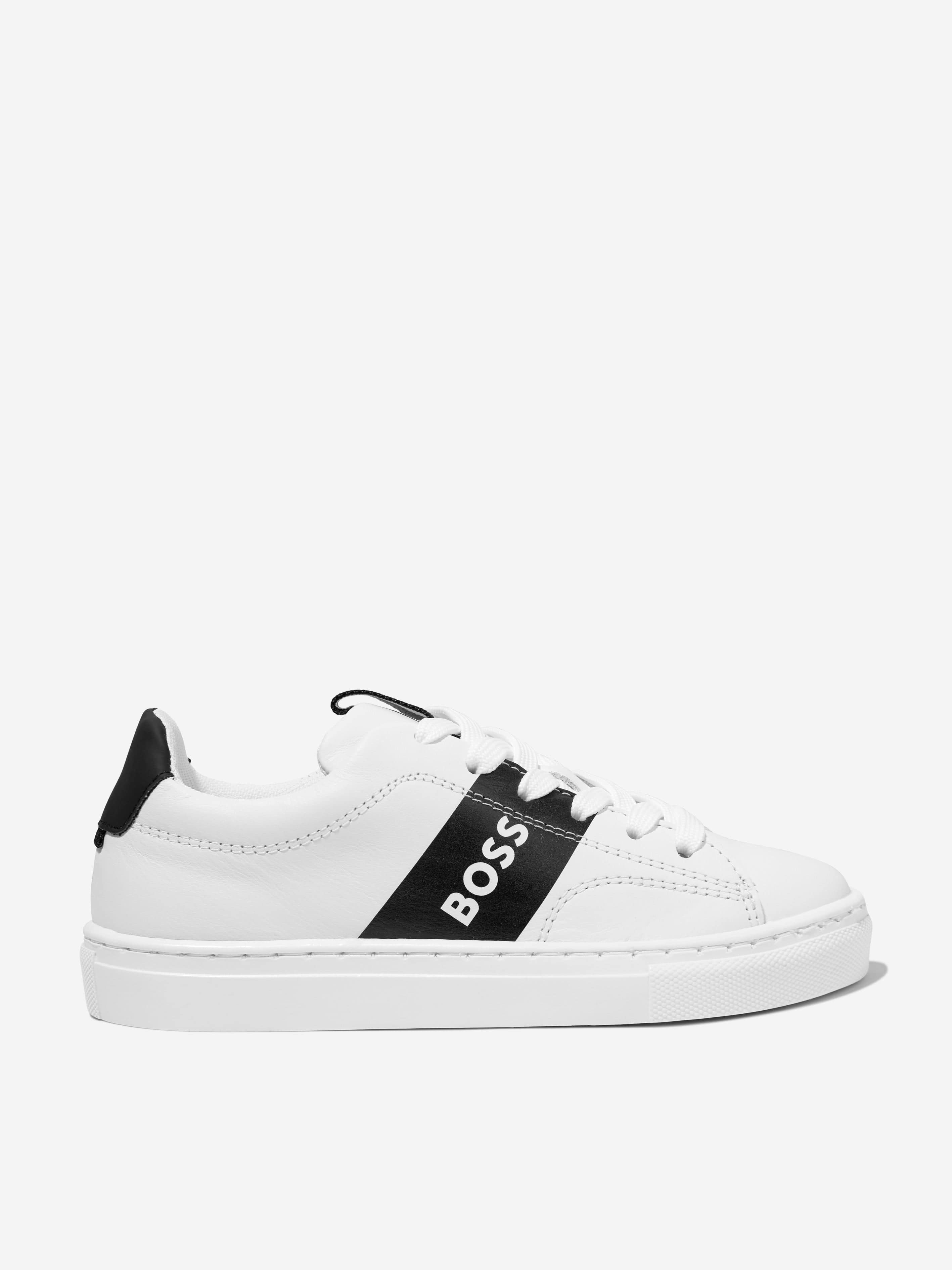 BOSS Boys Leather Logo Trainers in Black