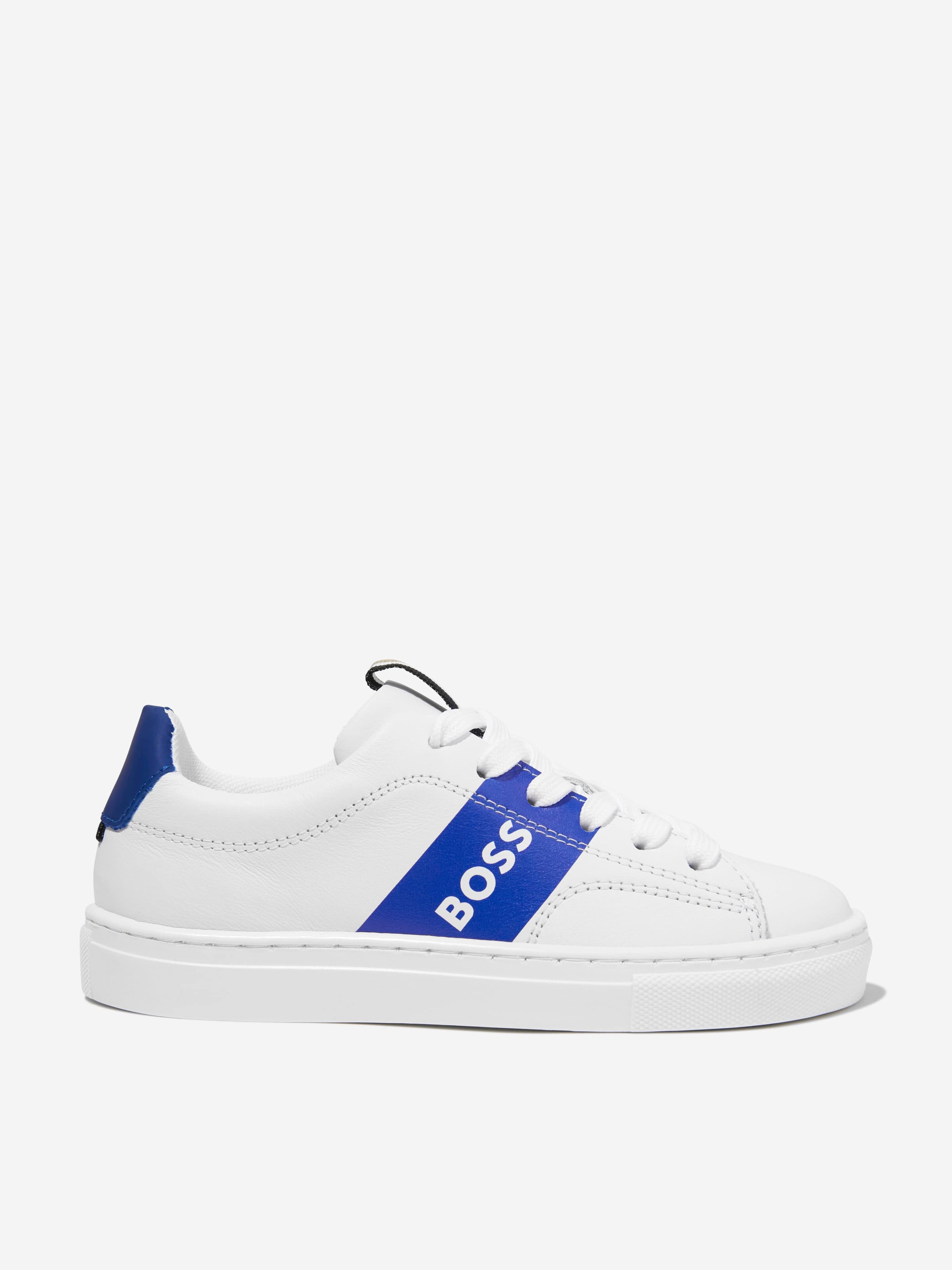 BOSS Boys Leather Logo Trainers in Blue