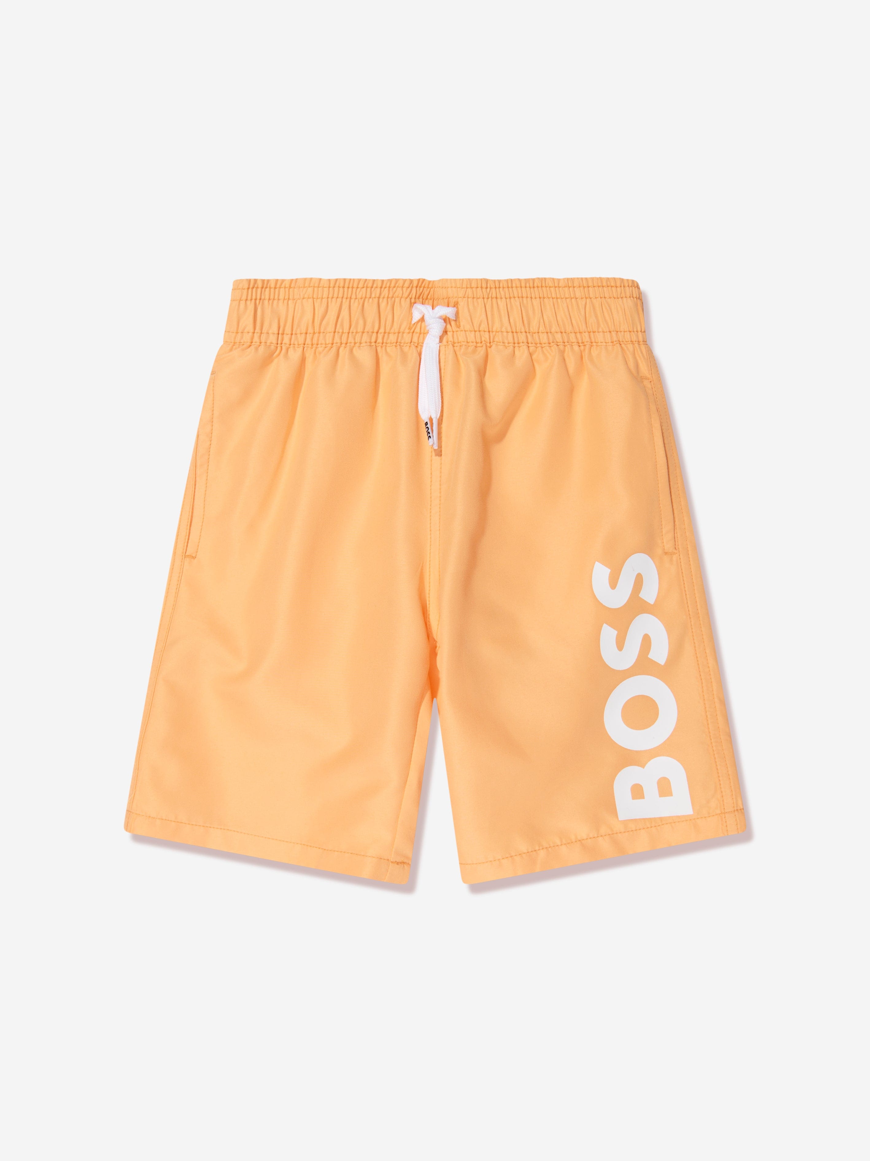 BOSS Boys Logo Print Swim Shorts in Orange