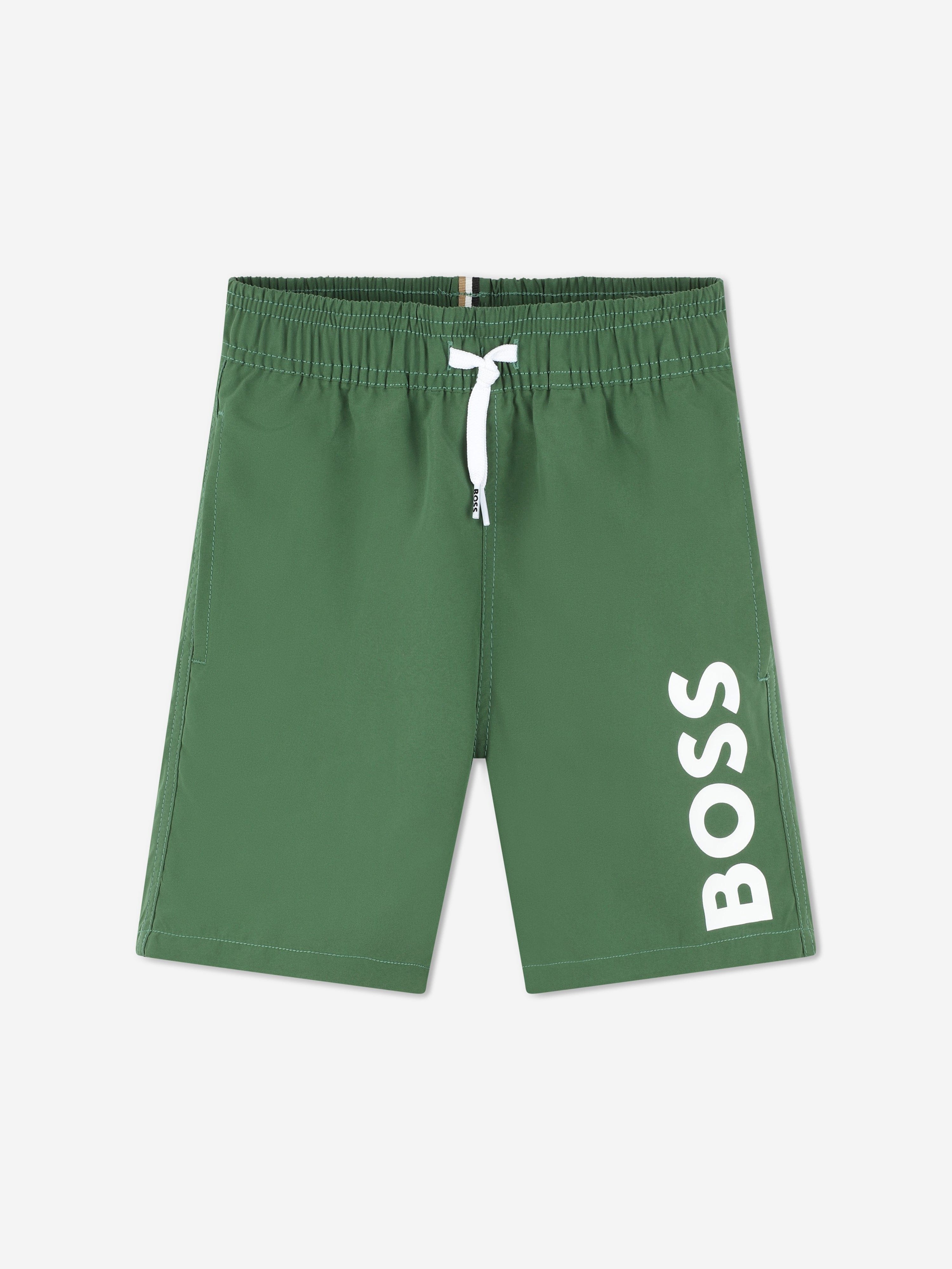 BOSS Boys Logo Print Swim Shorts in Green