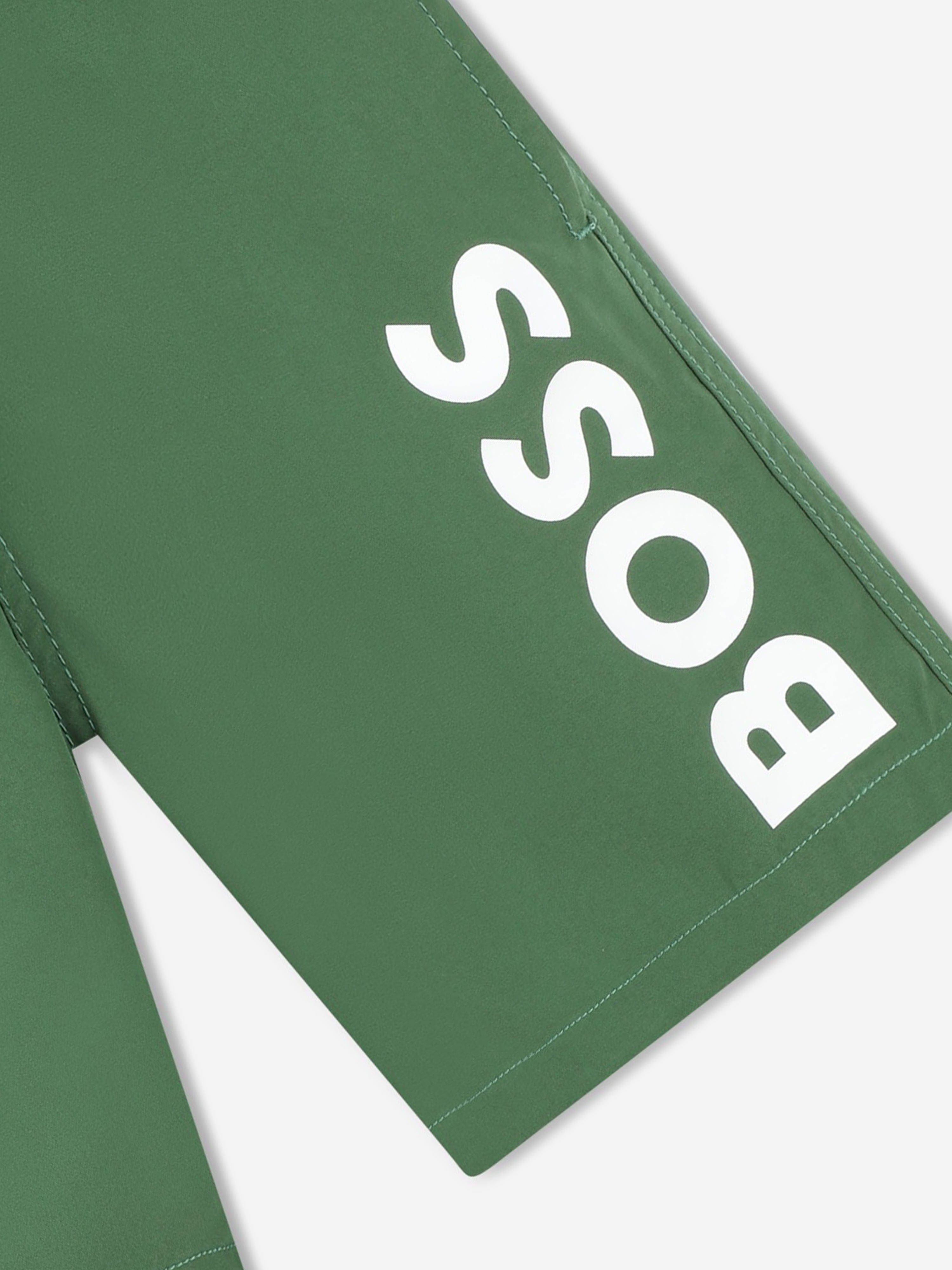 BOSS Boys Logo Print Swim Shorts in Green