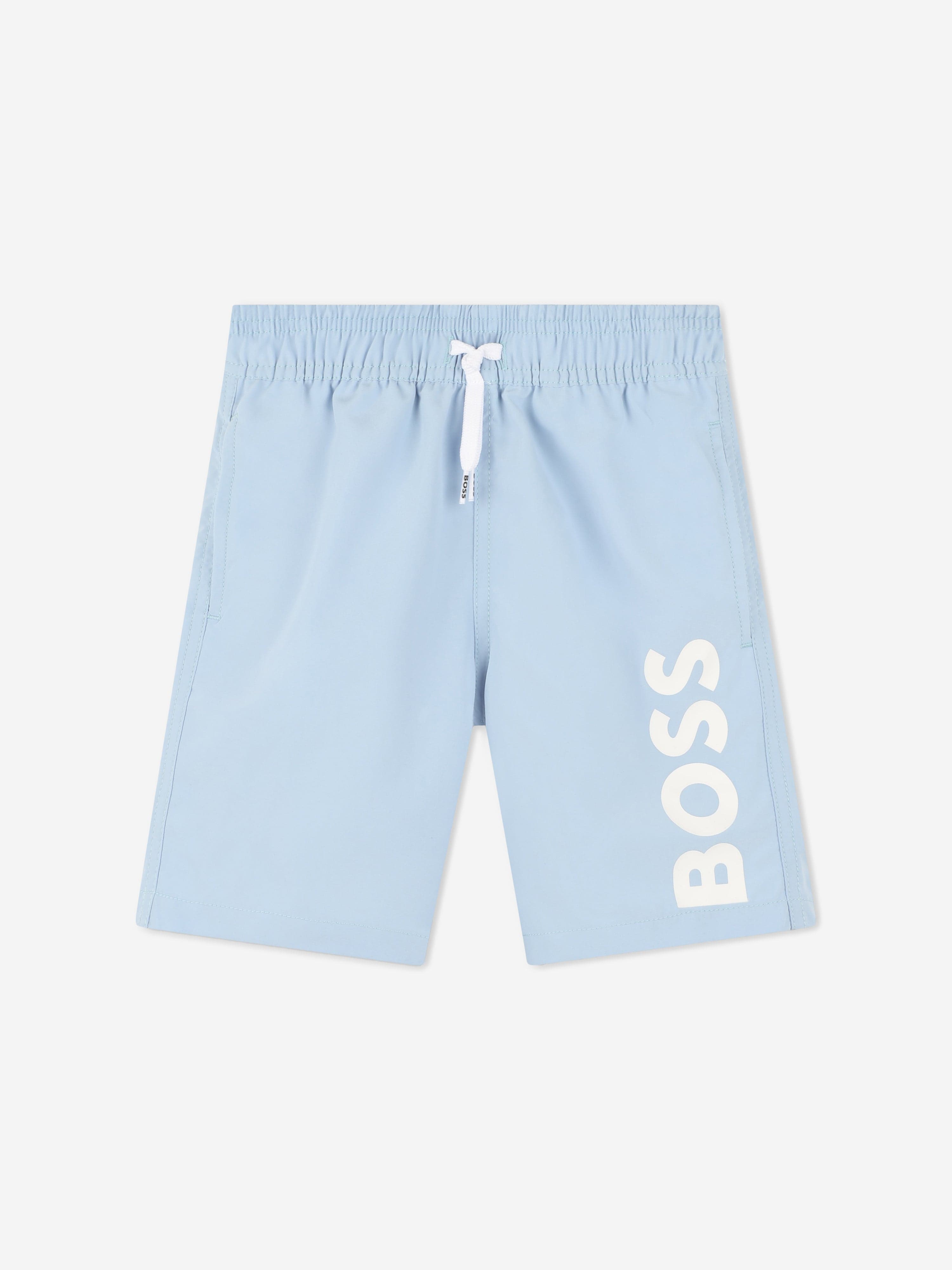 BOSS Boys Logo Print Swim Shorts in Blue