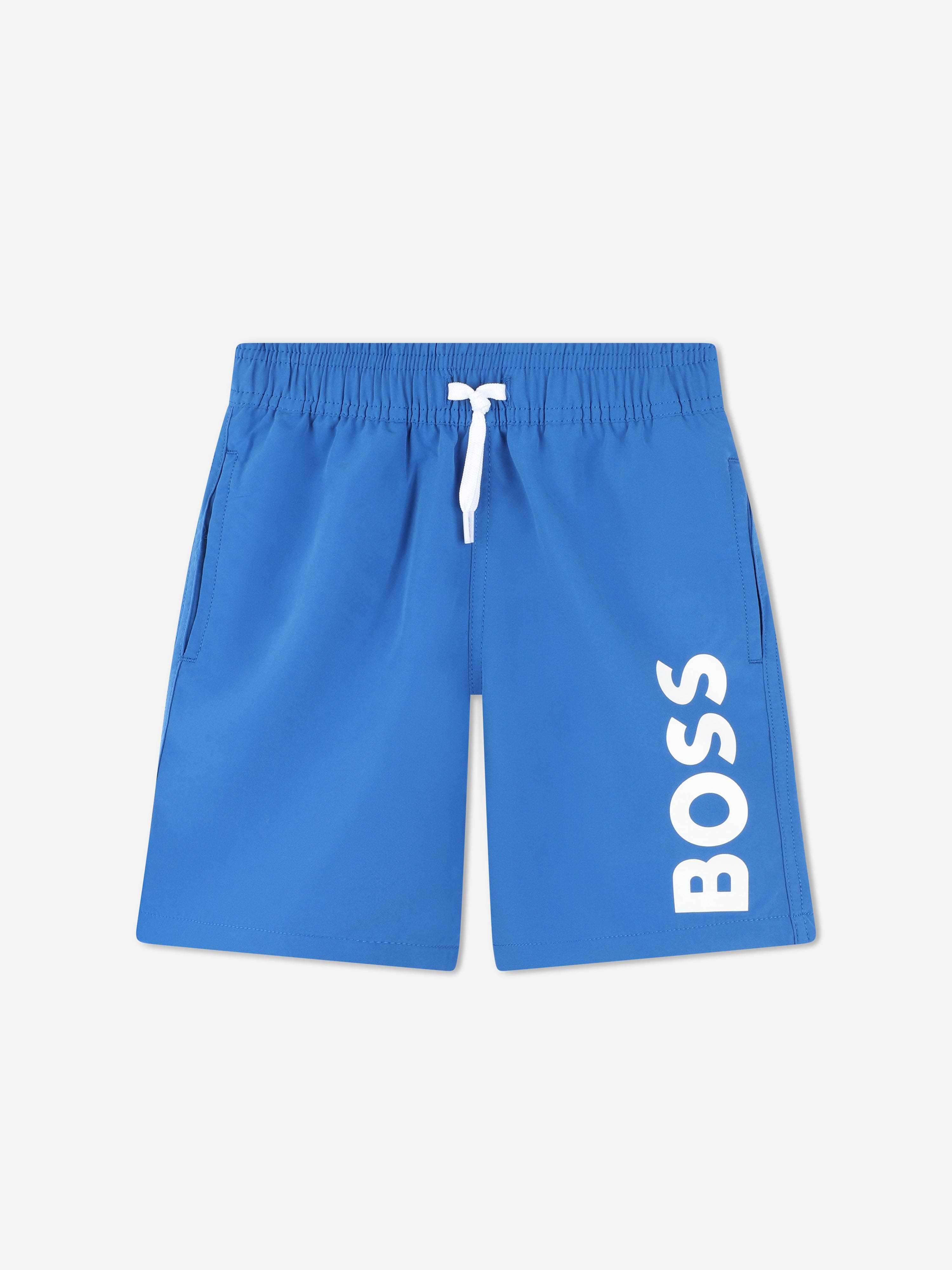 BOSS Boys Logo Print Swim Shorts in Blue