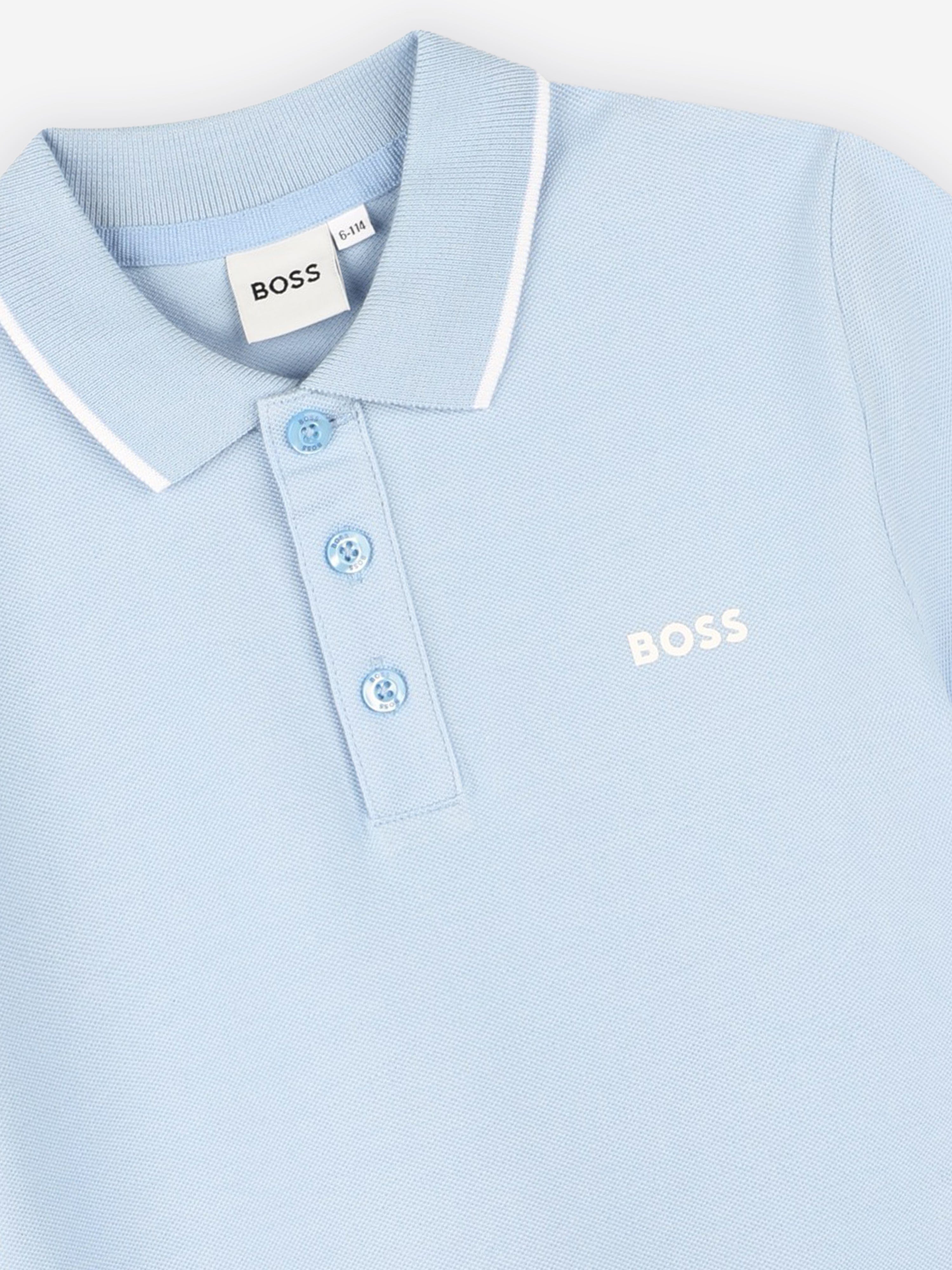 BOSS Boys Logo Print Polo Shirt in Blue