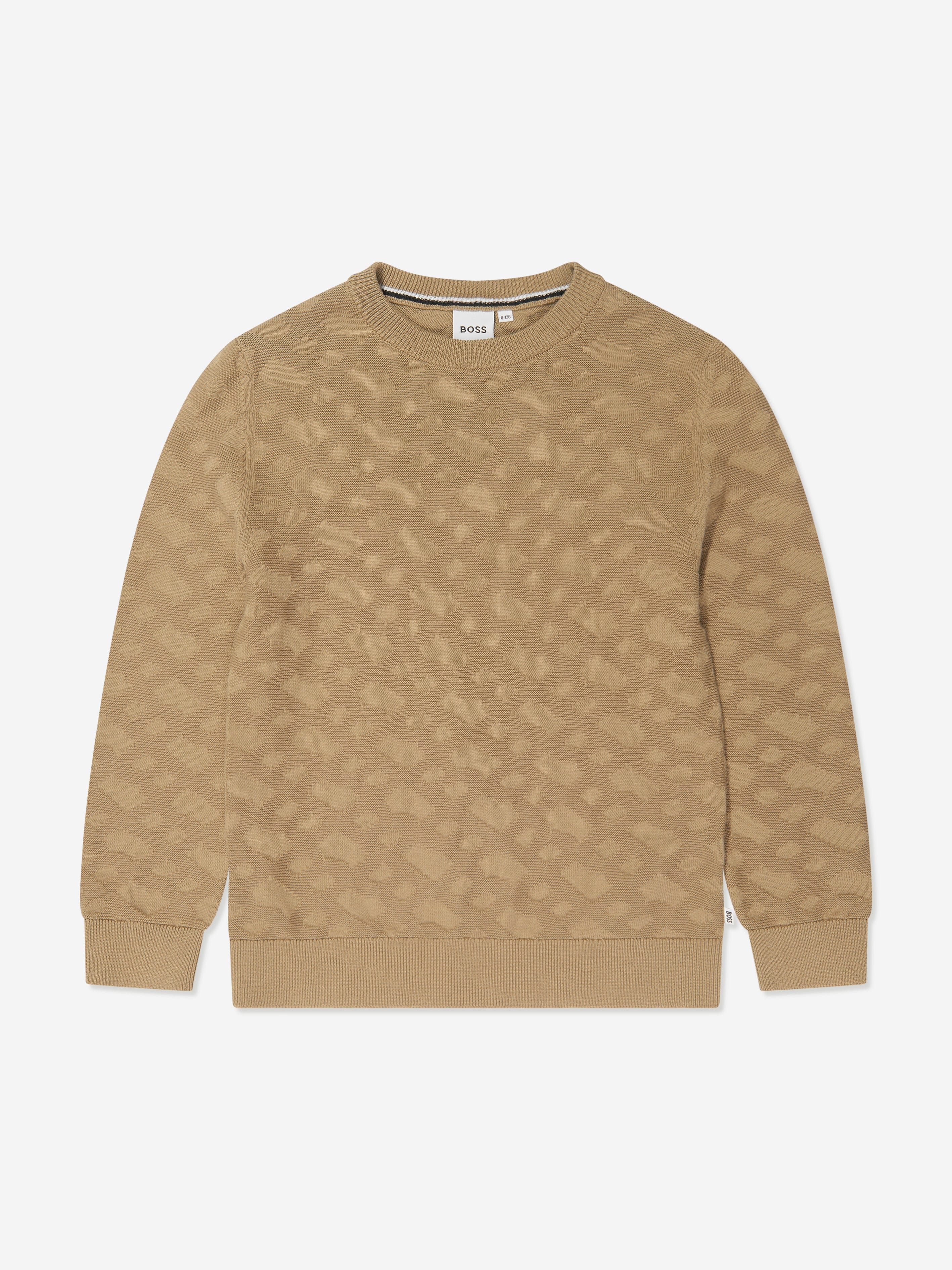 BOSS Boys Knitted Monogram Jumper in Beige