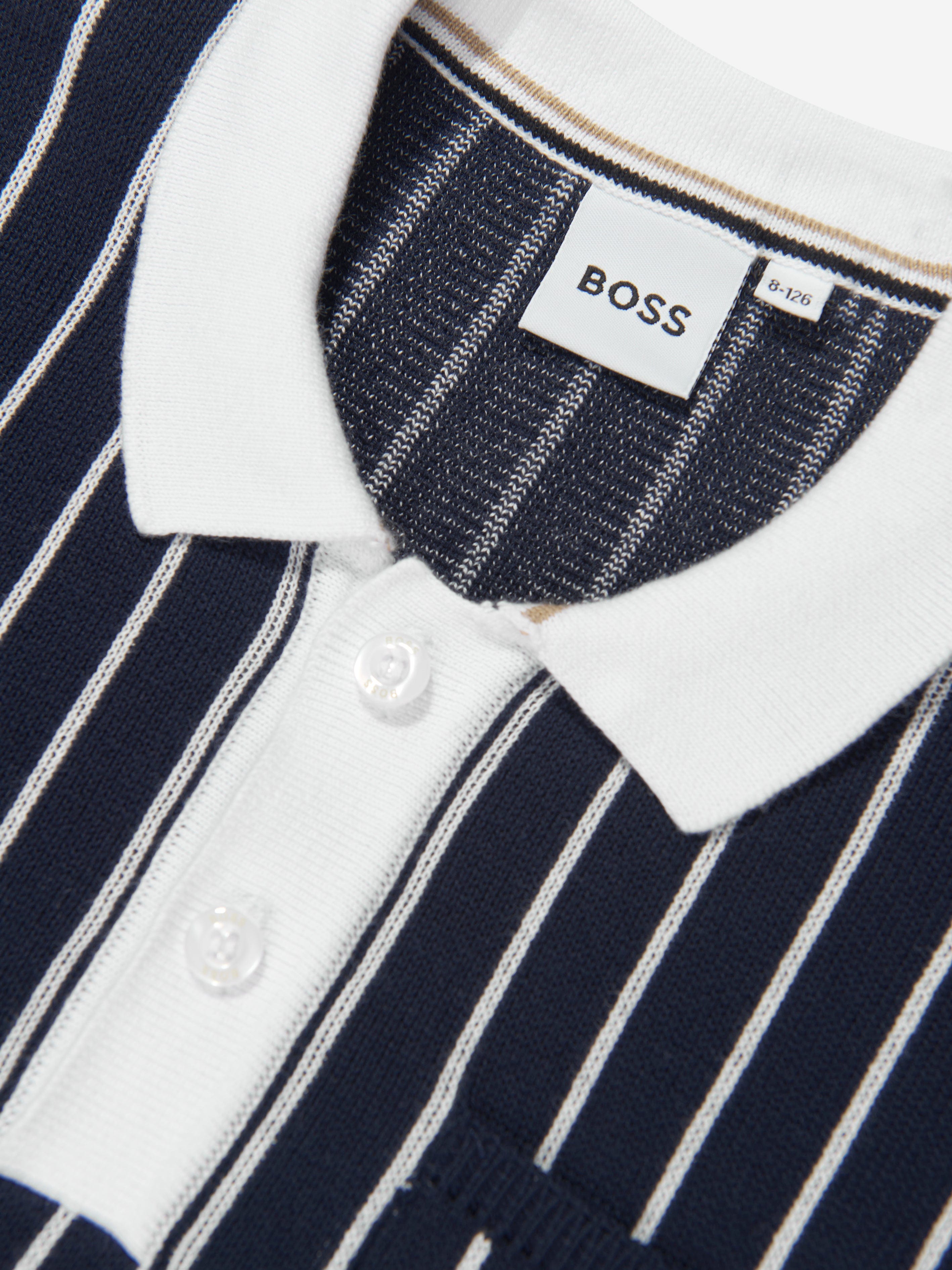 BOSS Boys Striped Knitted Polo Shirt in Navy