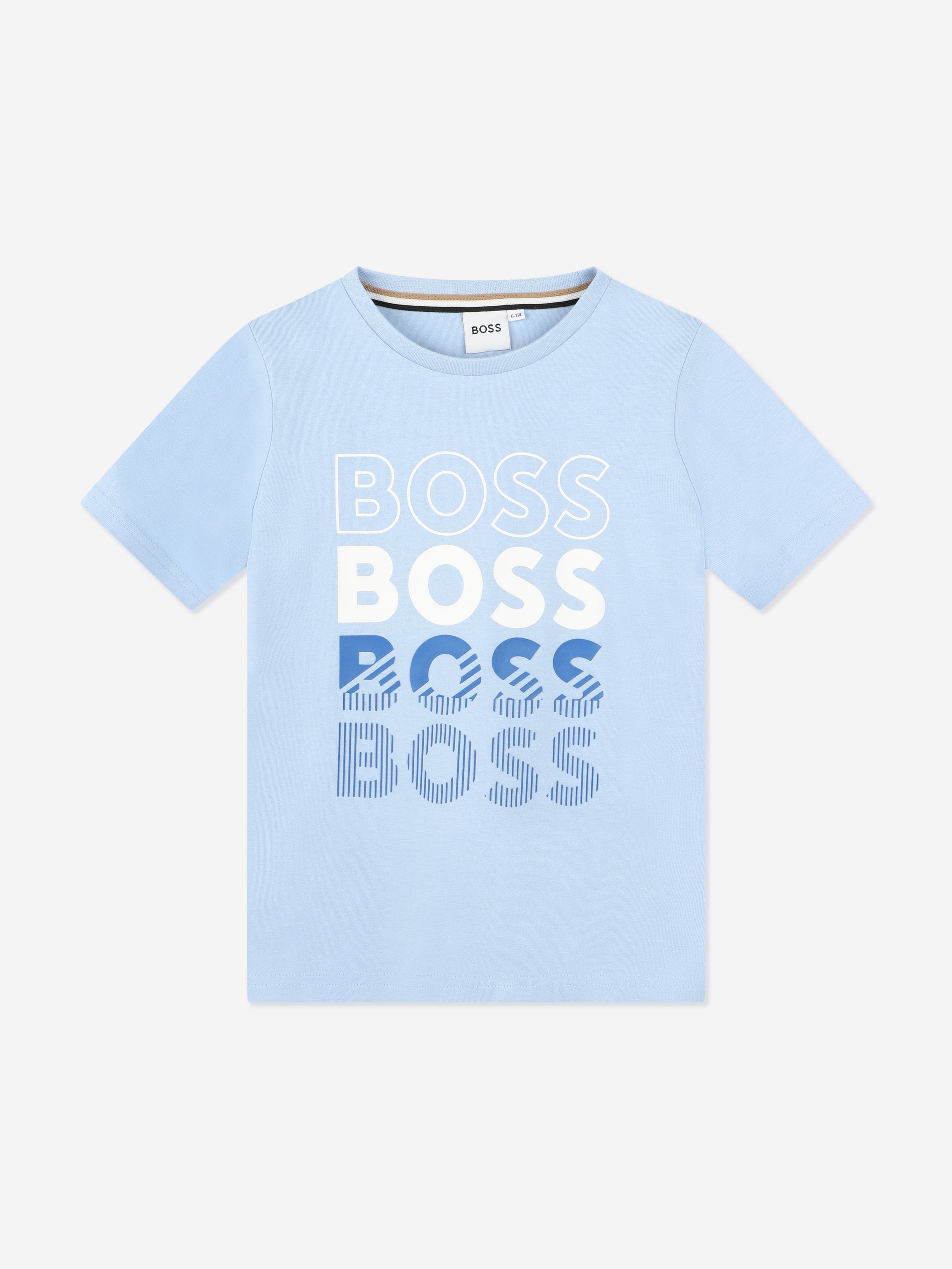 BOSS Boys Multi Logo Print T-Shirt in Blue