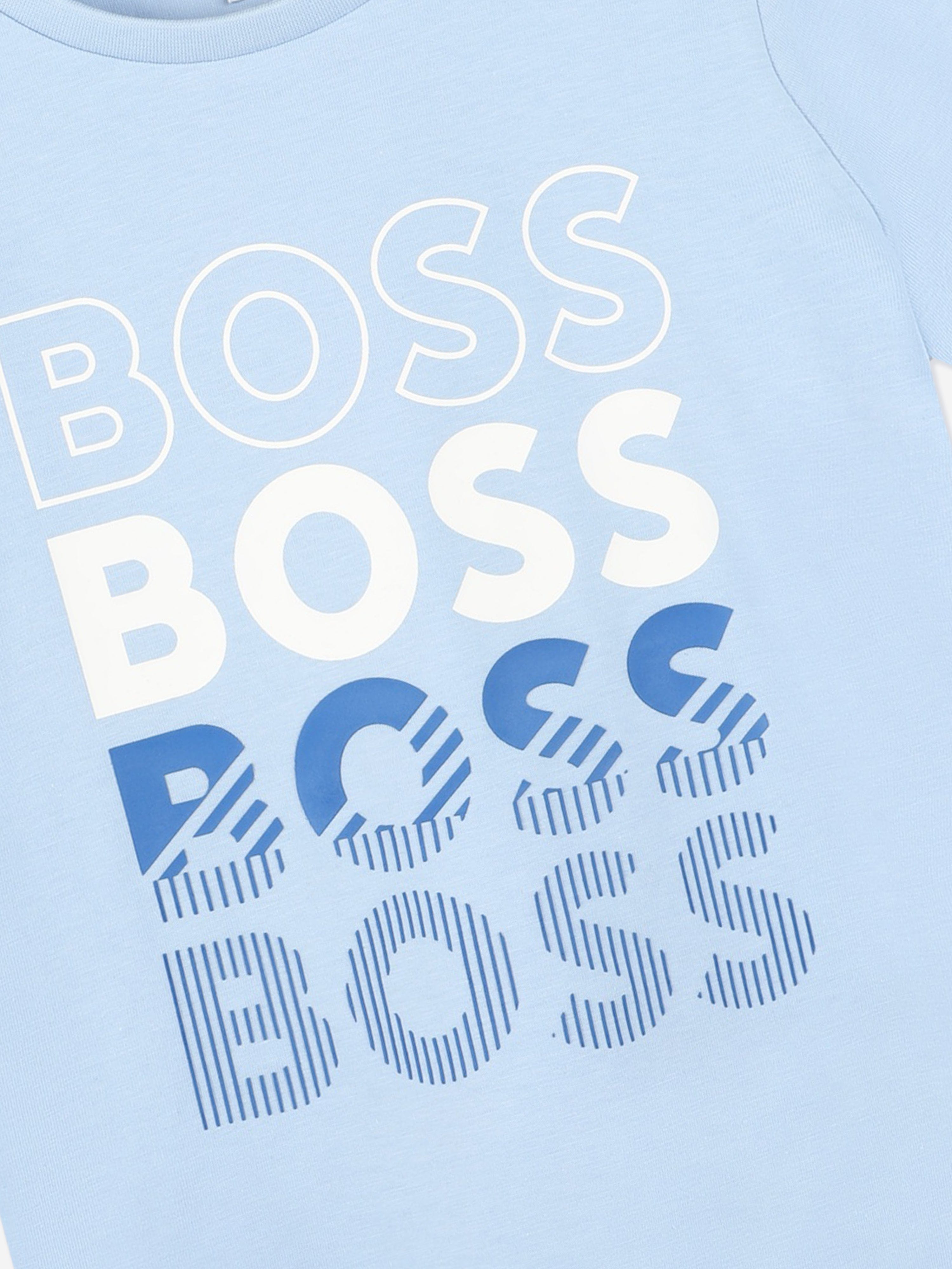 BOSS Boys Multi Logo Print T-Shirt in Blue