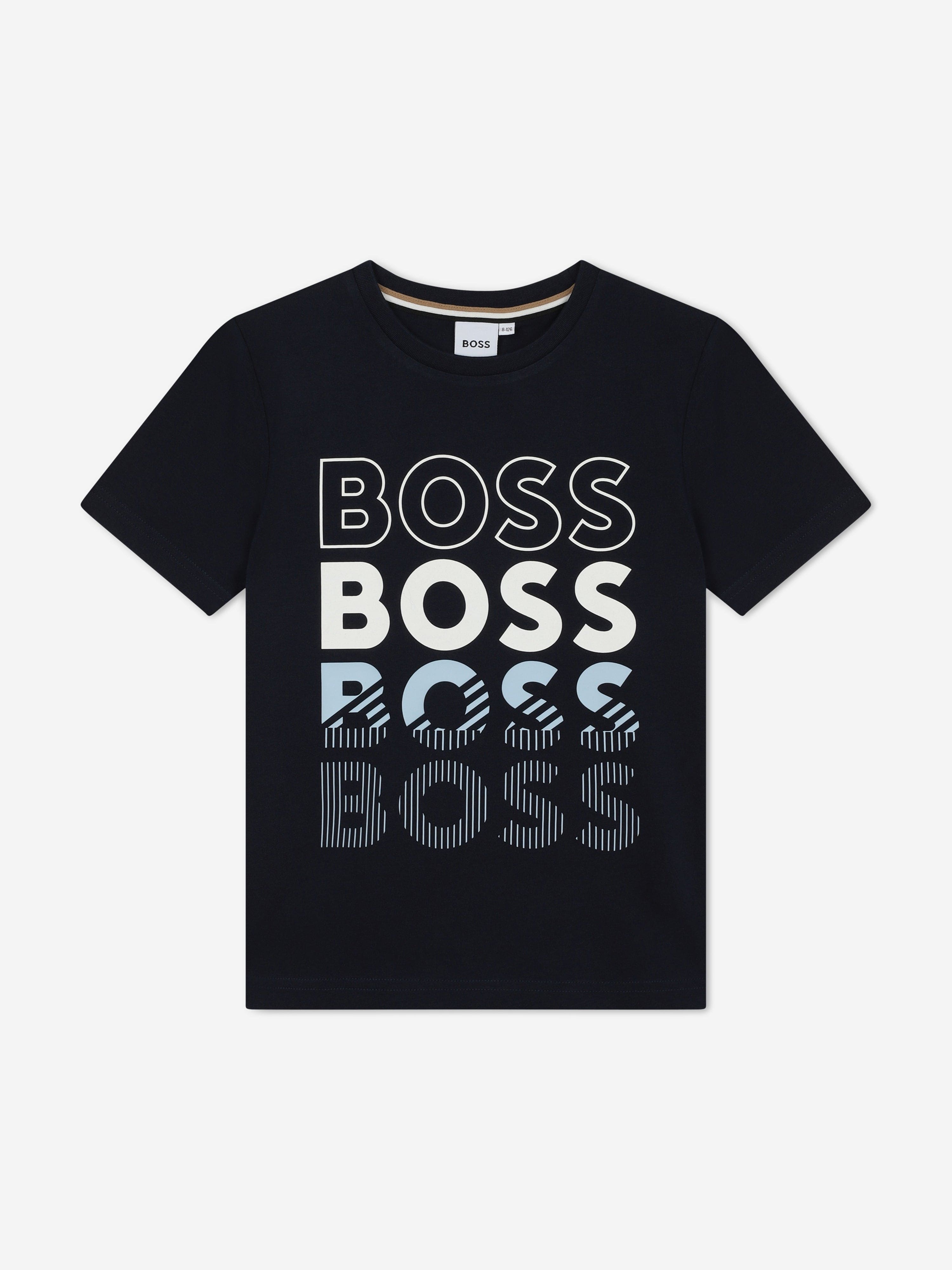 BOSS Boys Multi Logo Print T-Shirt in Navy