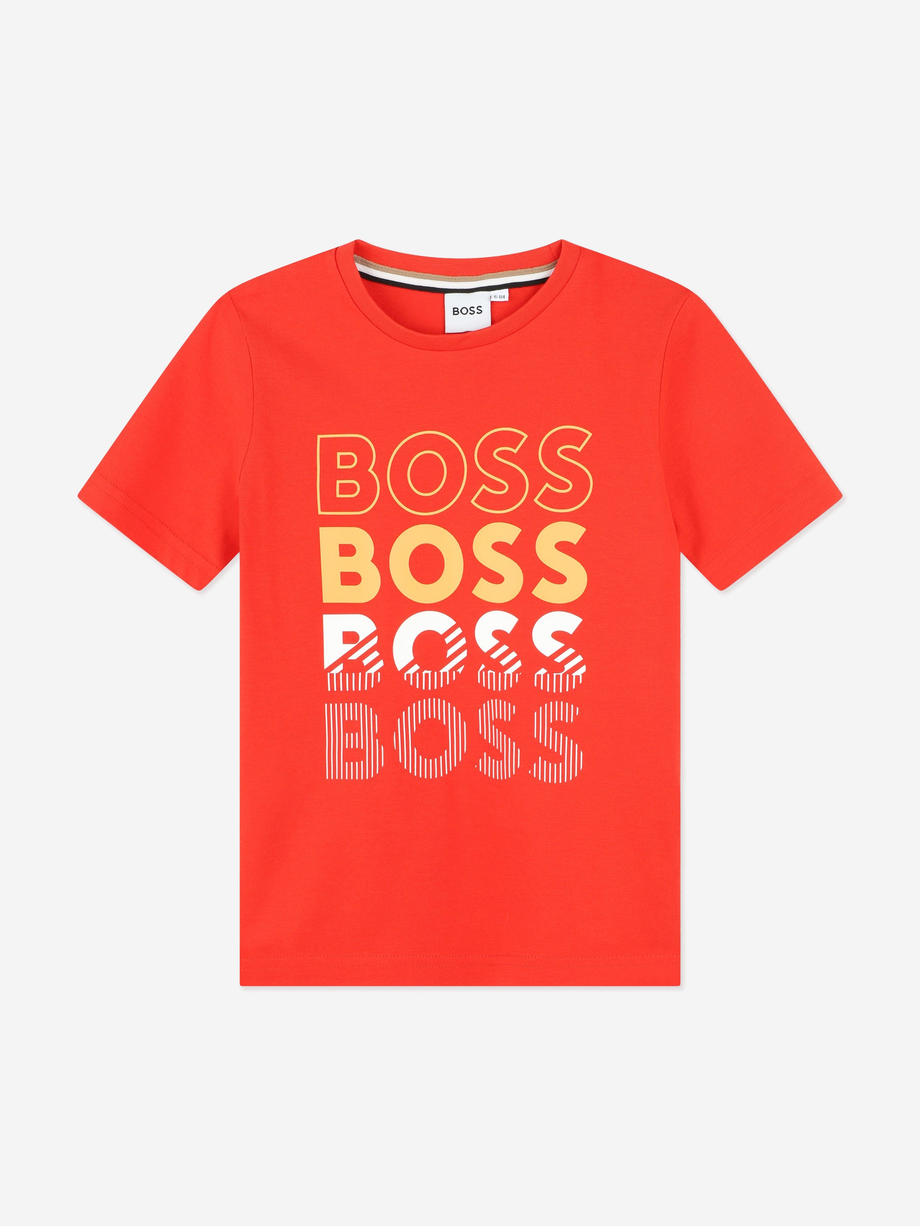 BOSS Boys Multi Logo Print T-Shirt in Red