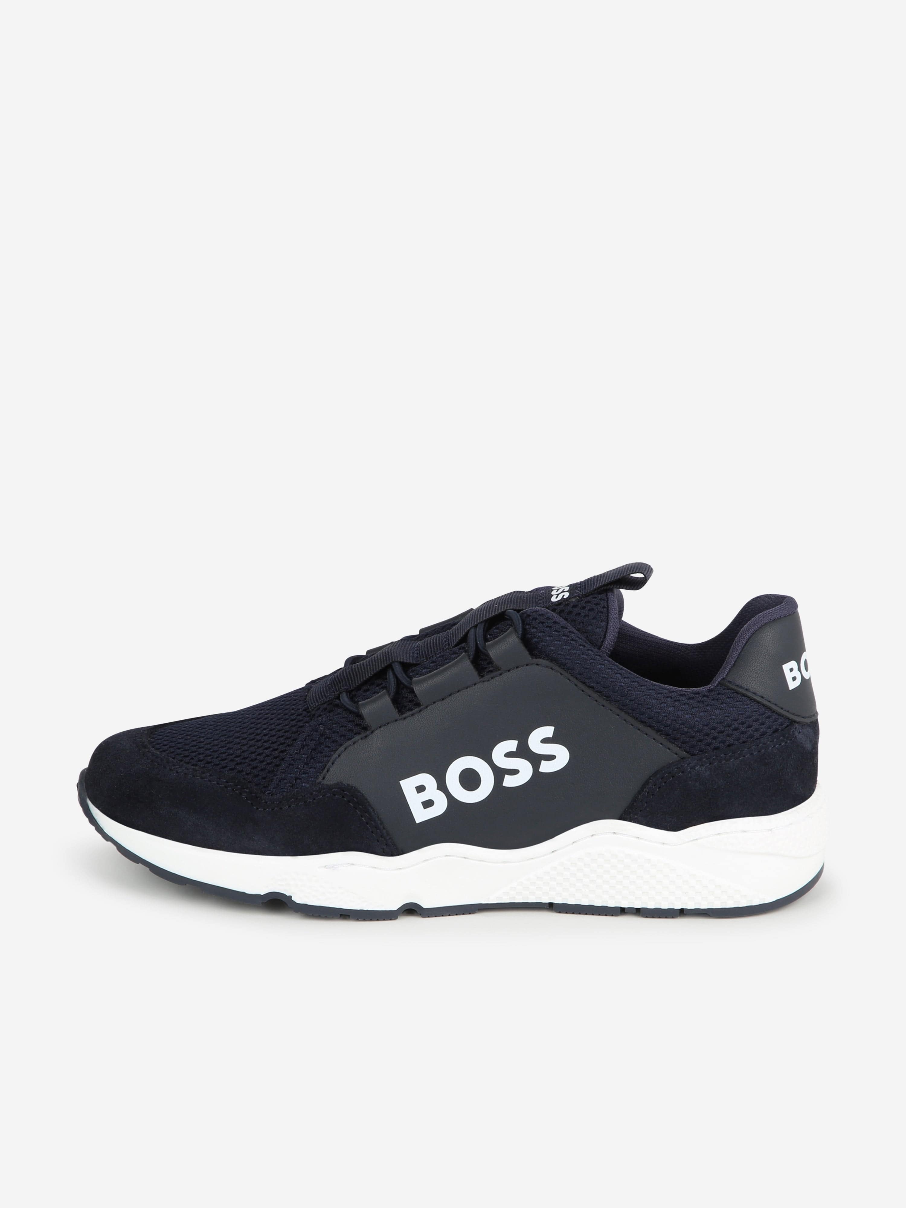 BOSS Boys Leather And Mesh Logo Trainer in Navy