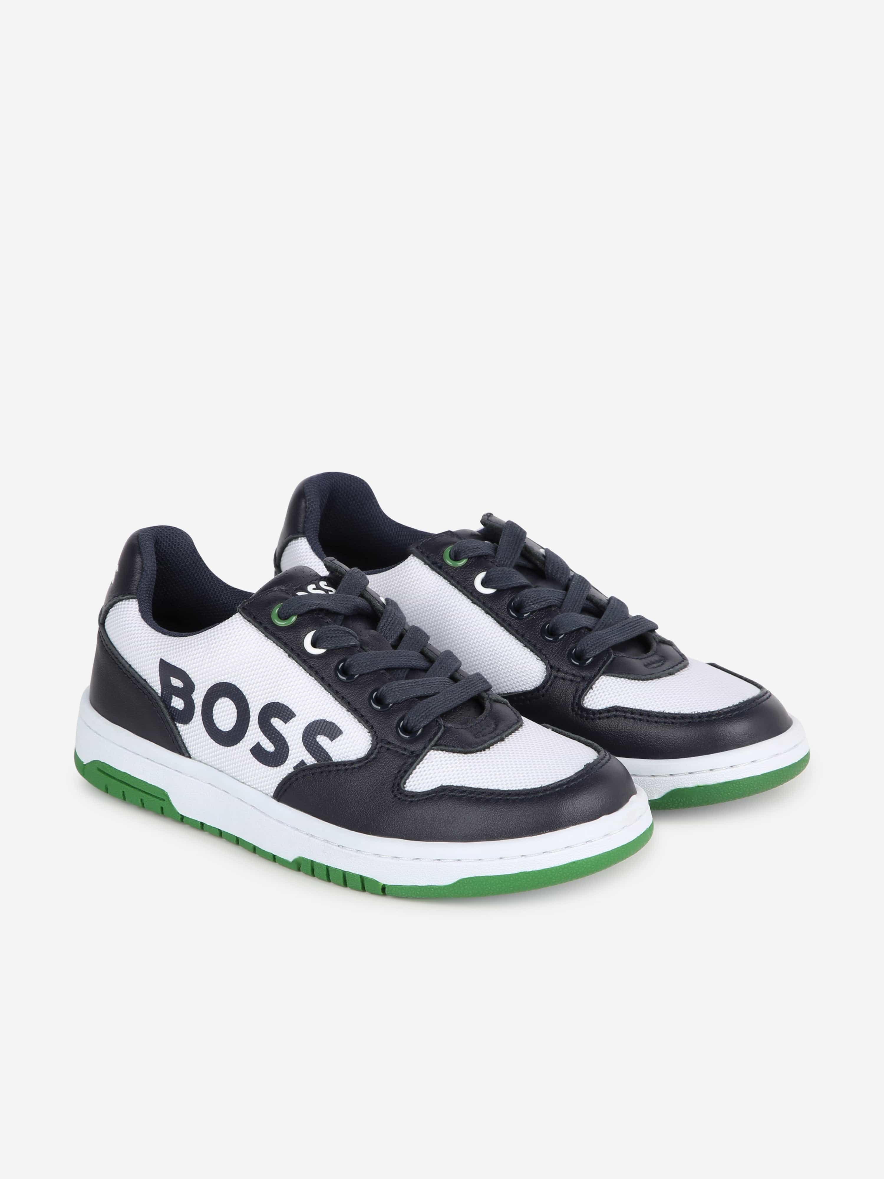 BOSS Boys Leather Logo Trainers in Navy