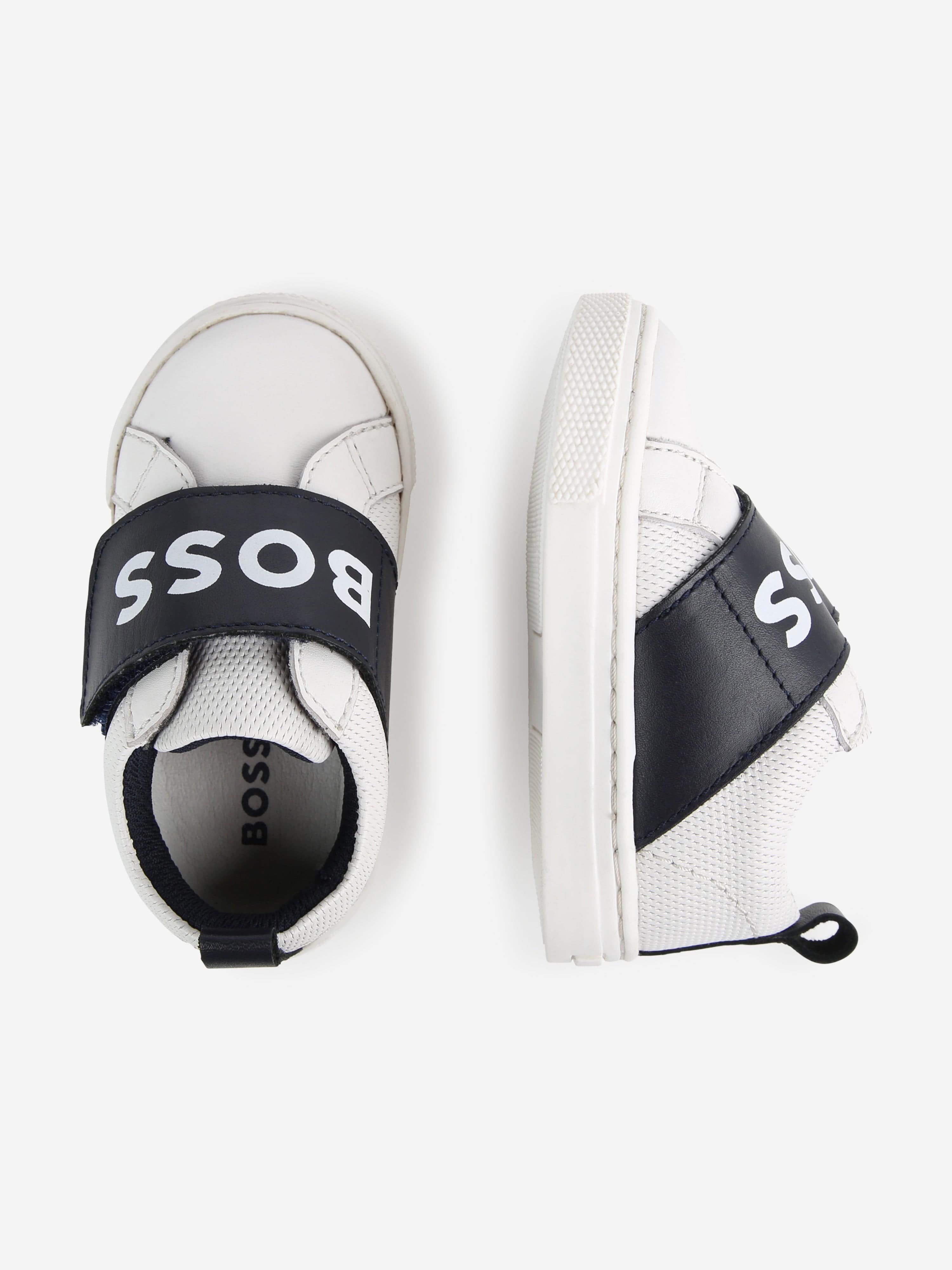 BOSS Boys Leather Logo Trainers in White