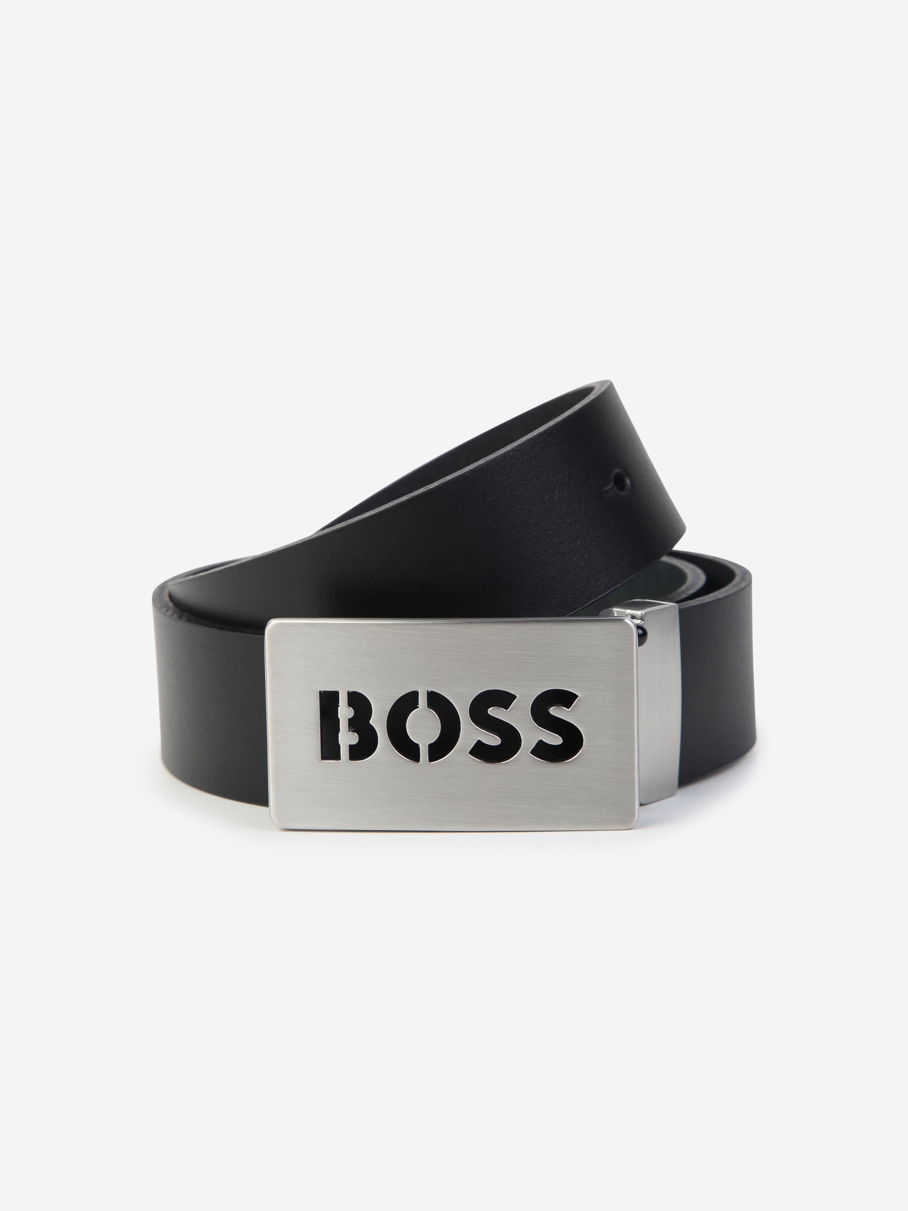 BOSS Boys Leather Logo Buckle Belt in Black