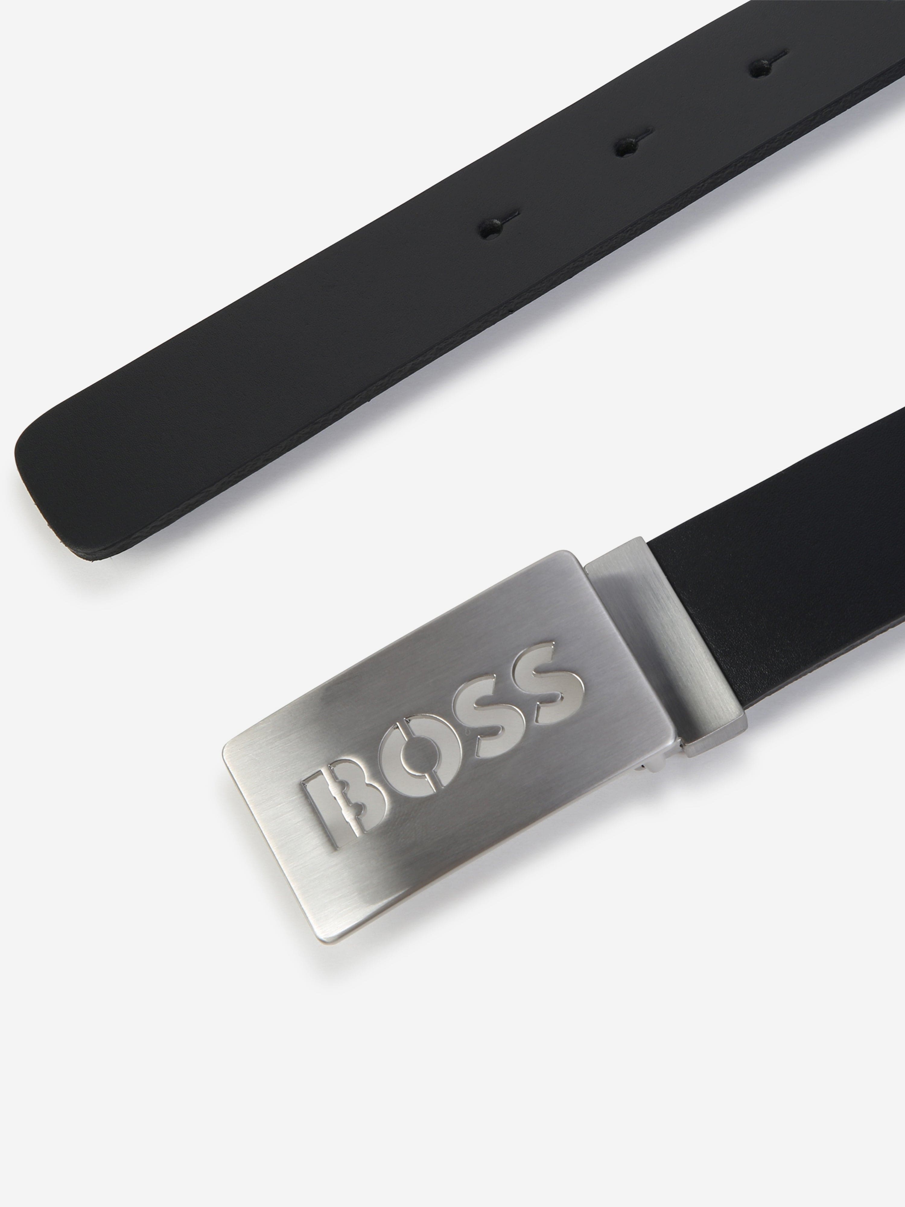 BOSS Boys Leather Logo Buckle Belt in Black