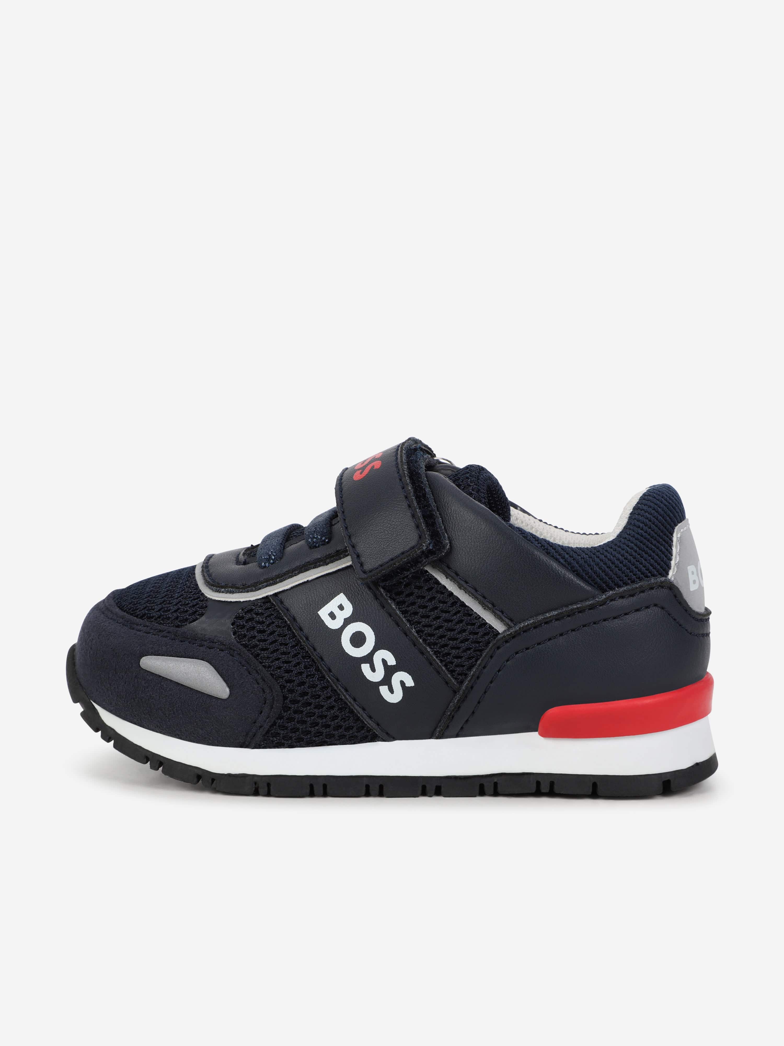 BOSS Boys Leather Logo Trainers in Navy