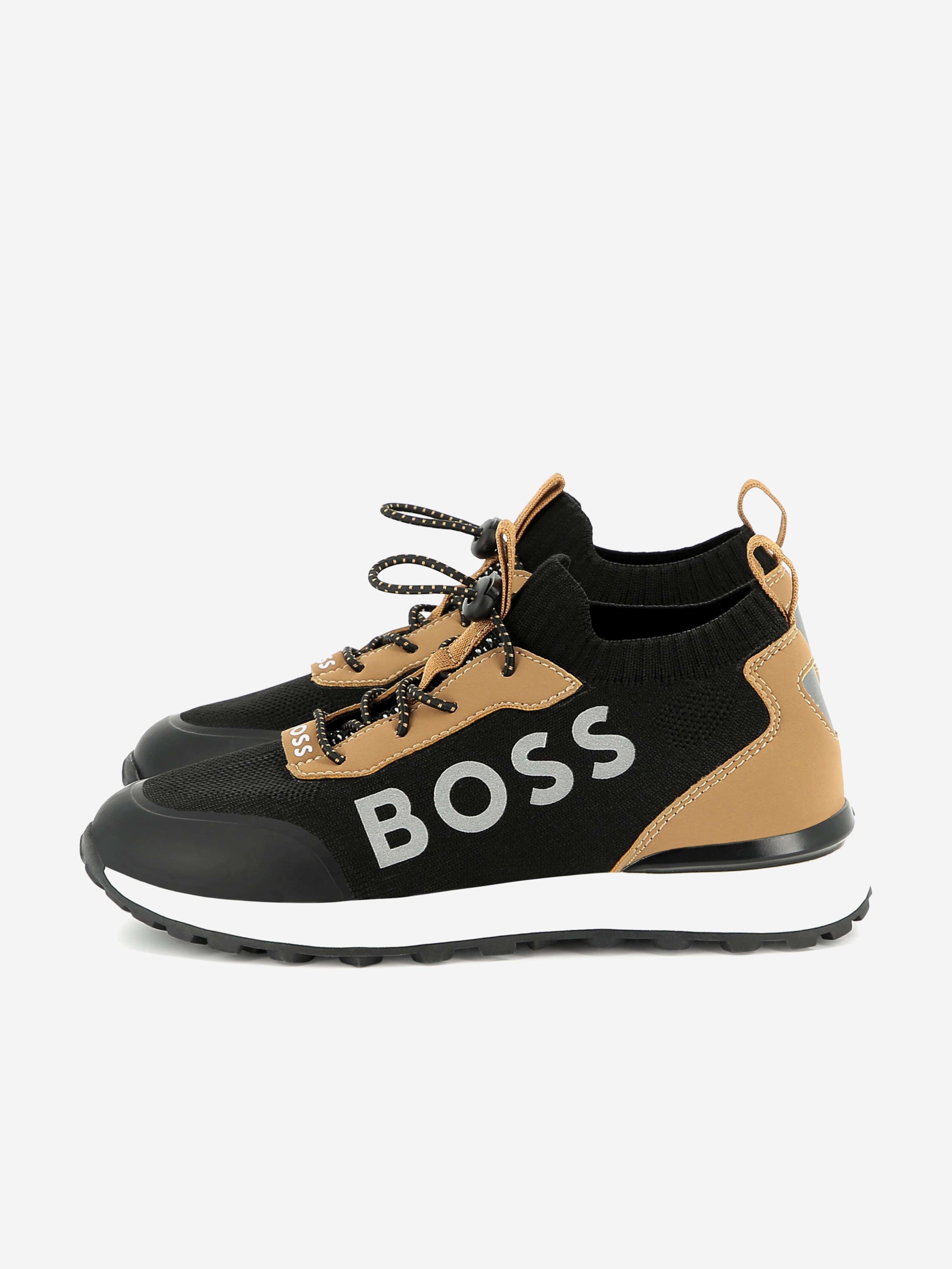 BOSS Boys Logo Sock Trainers in Brown