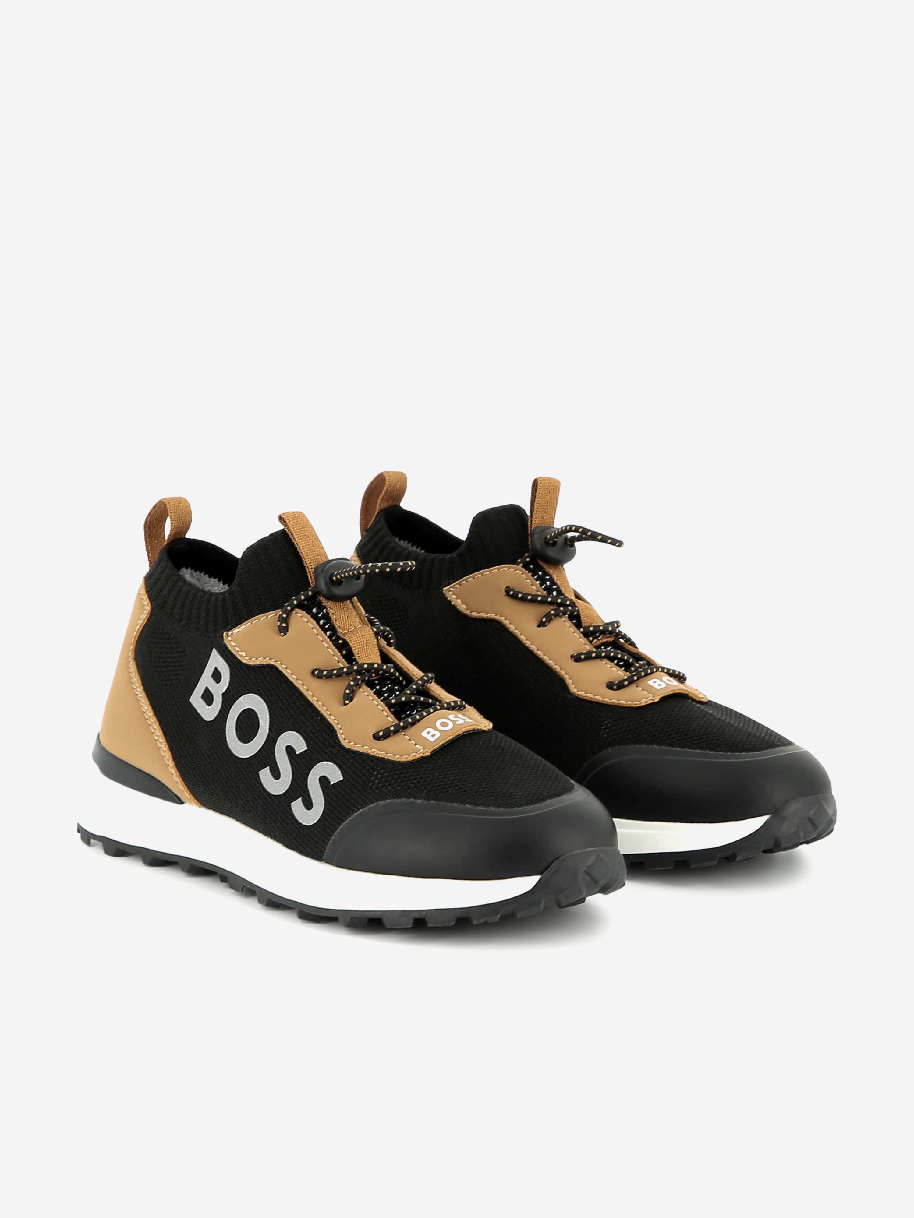 BOSS Boys Logo Sock Trainers in Brown