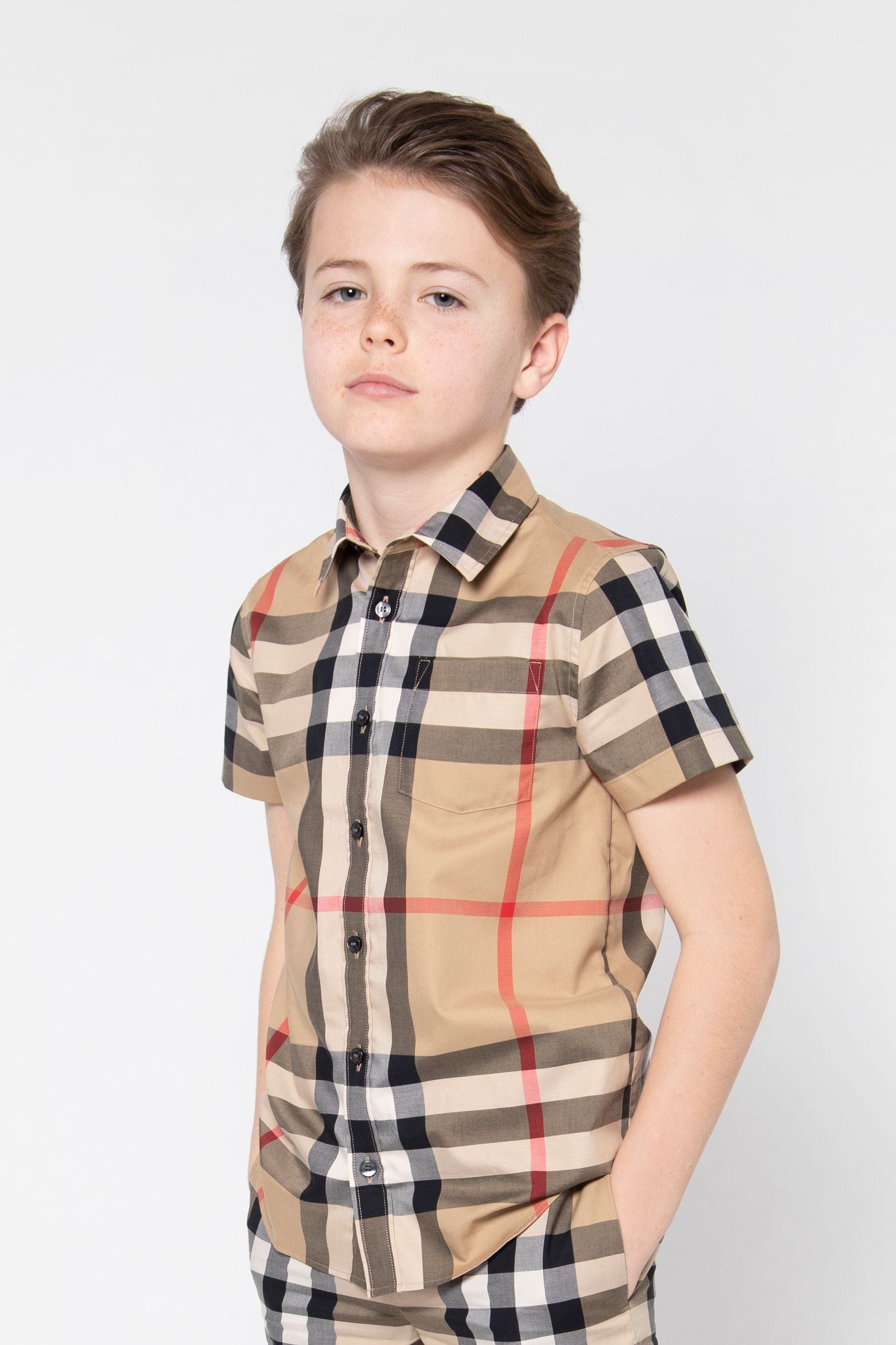 Burberry Boys Owen Check Short Sleeve Shirt In Beige