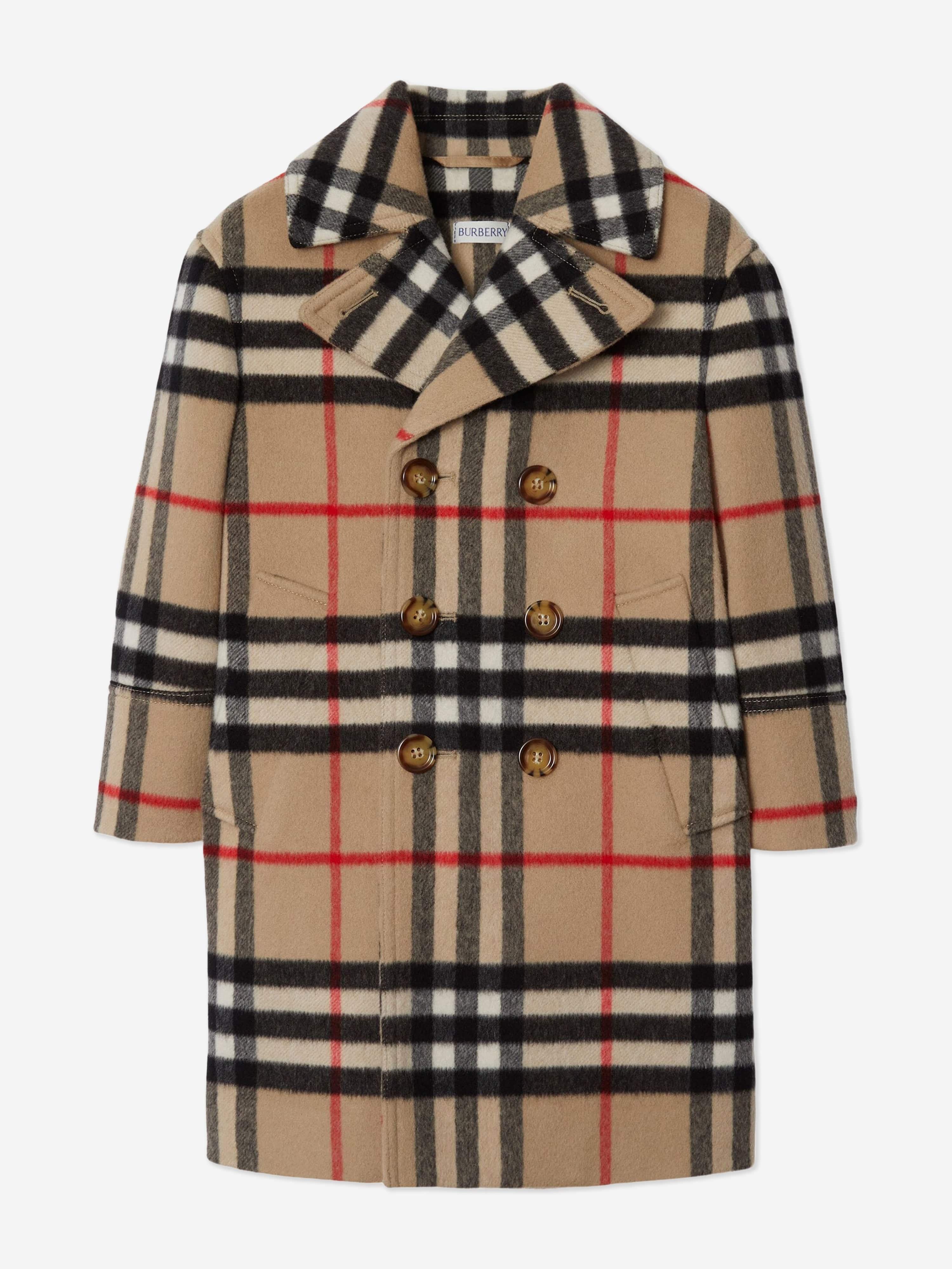 Burberry Boys Wool and Cashmere Check Monty Coat in Beige