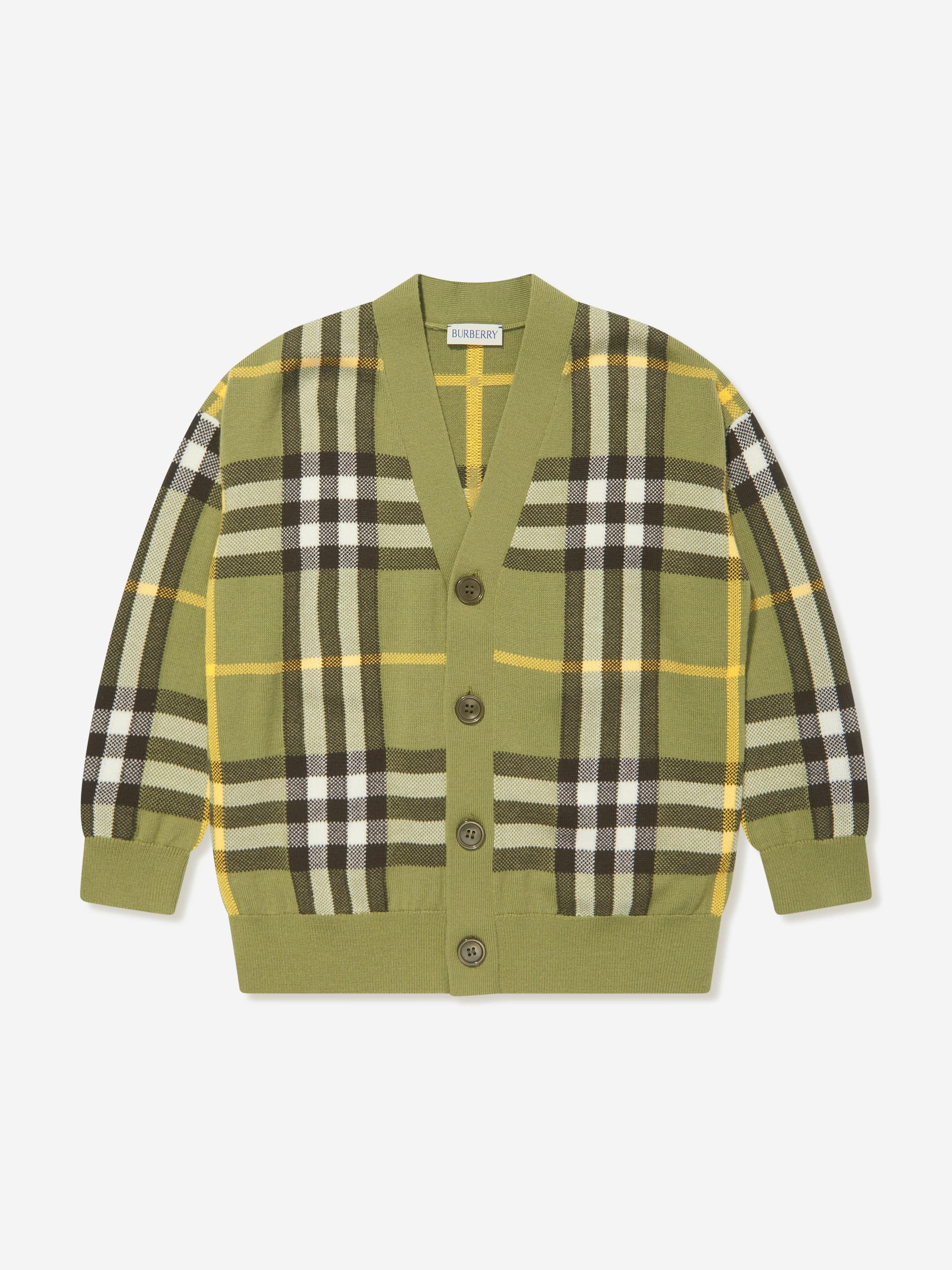 Burberry Kids Wool Check Cardigan in Green