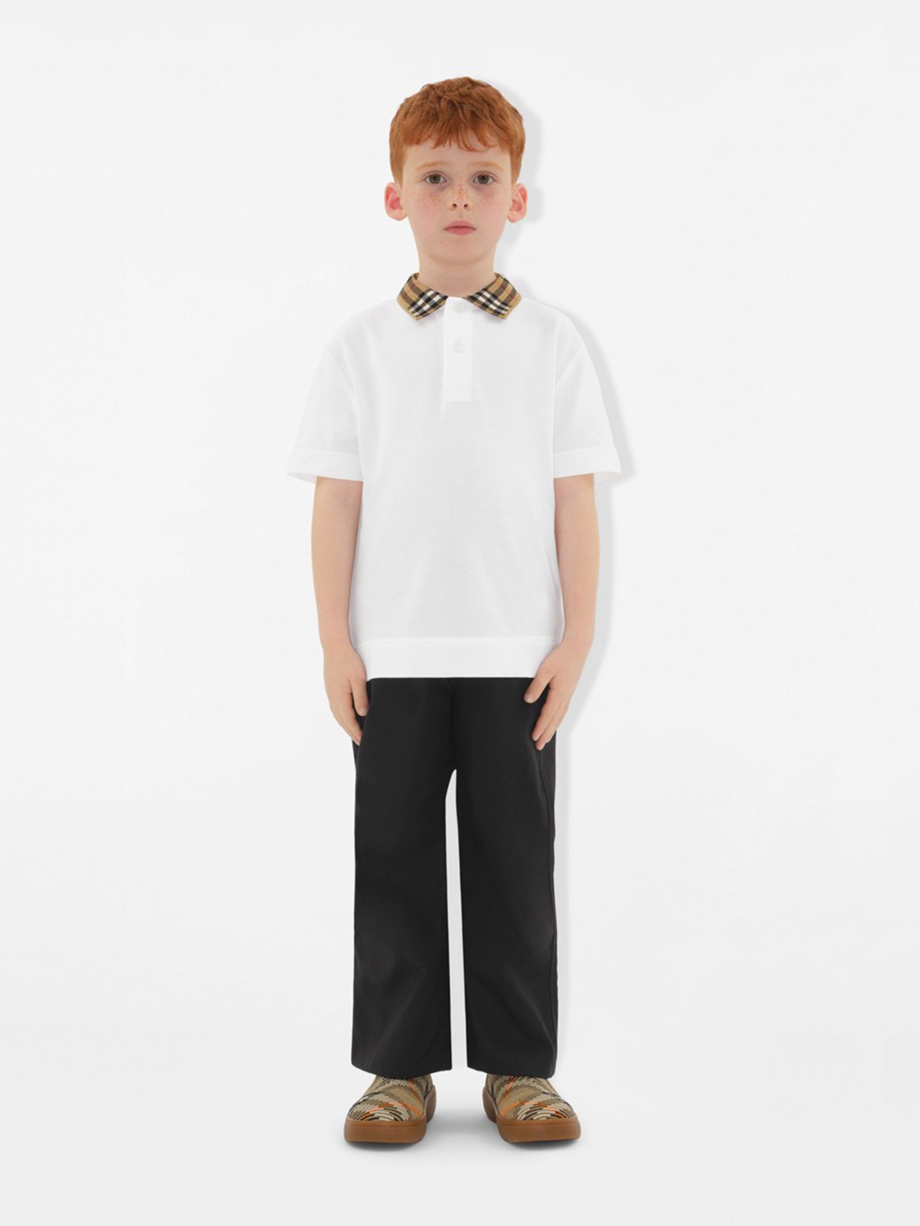Burberry Boys Johane Check Collar Polo Shirt in White