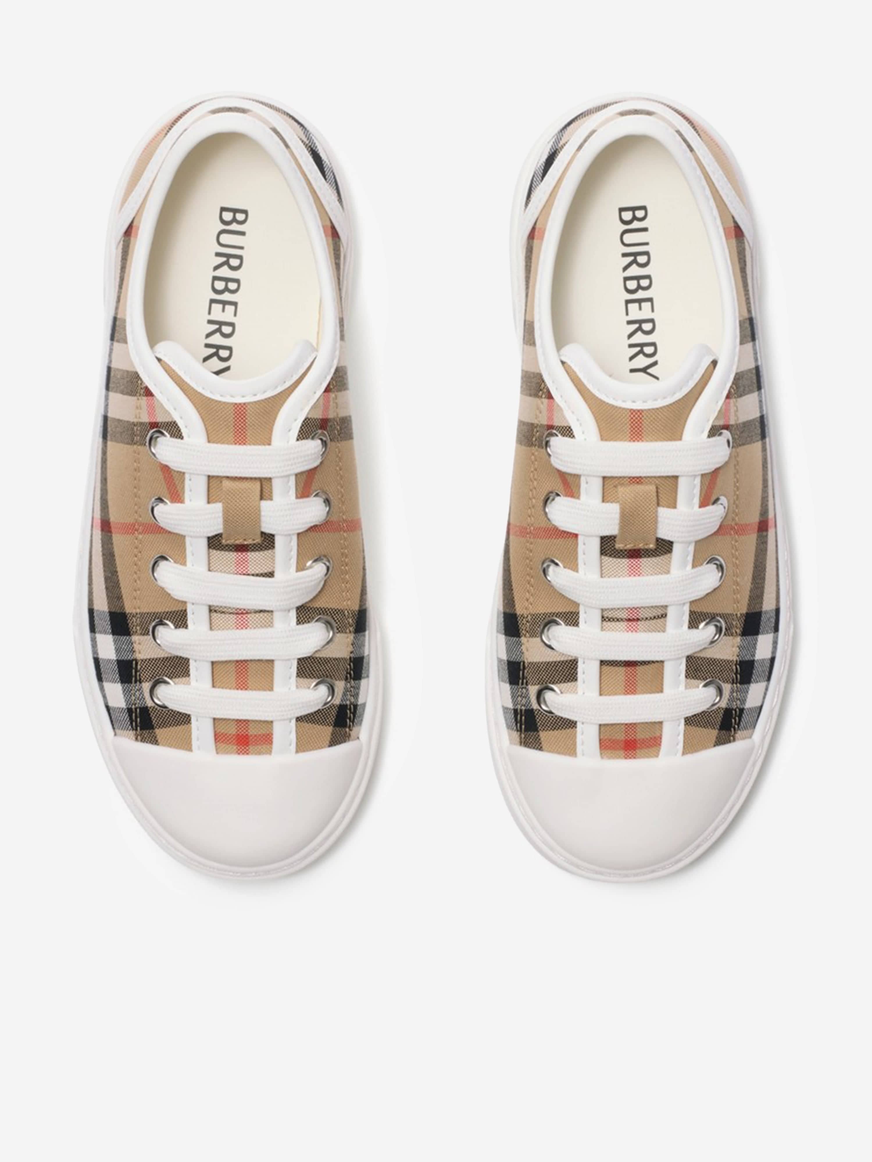 Burberry Kids Check Cotton Canvas Trainers in Beige