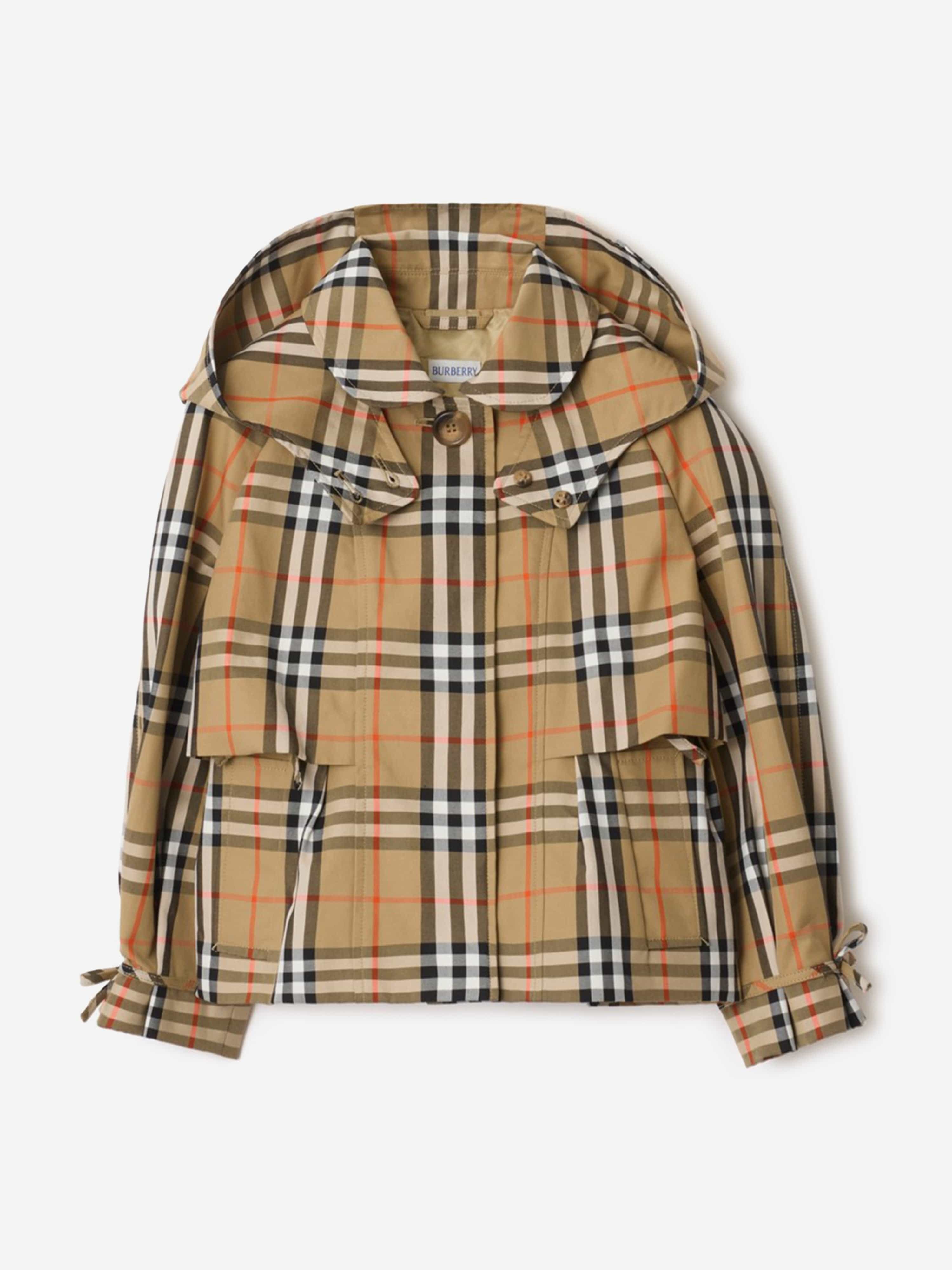 Burberry Girls Kimberley Check Trench Jacket with Detachable Hood in Beige