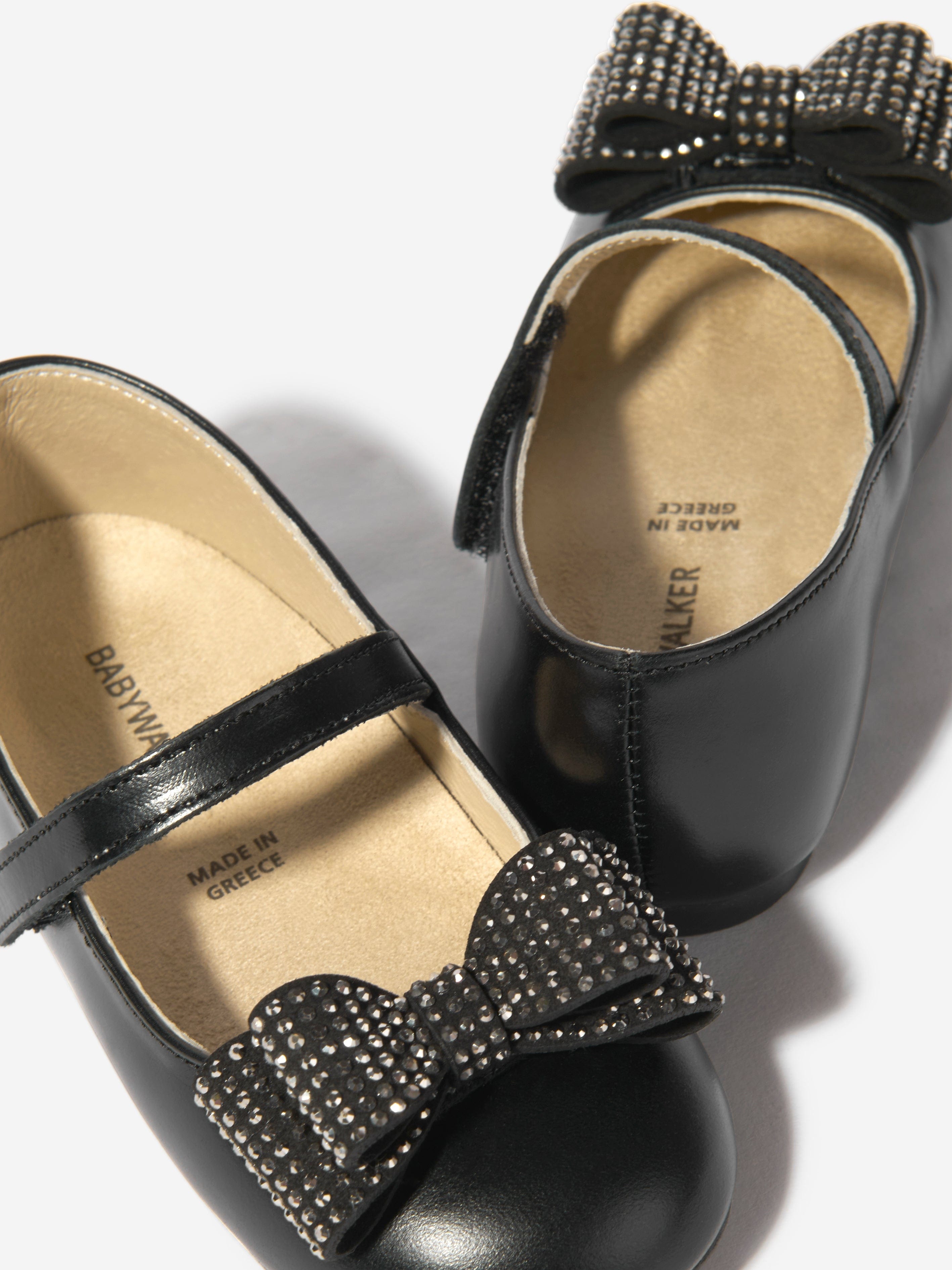 BABYWALKER Girls Leather Diamond Bow Ballerinas in Black