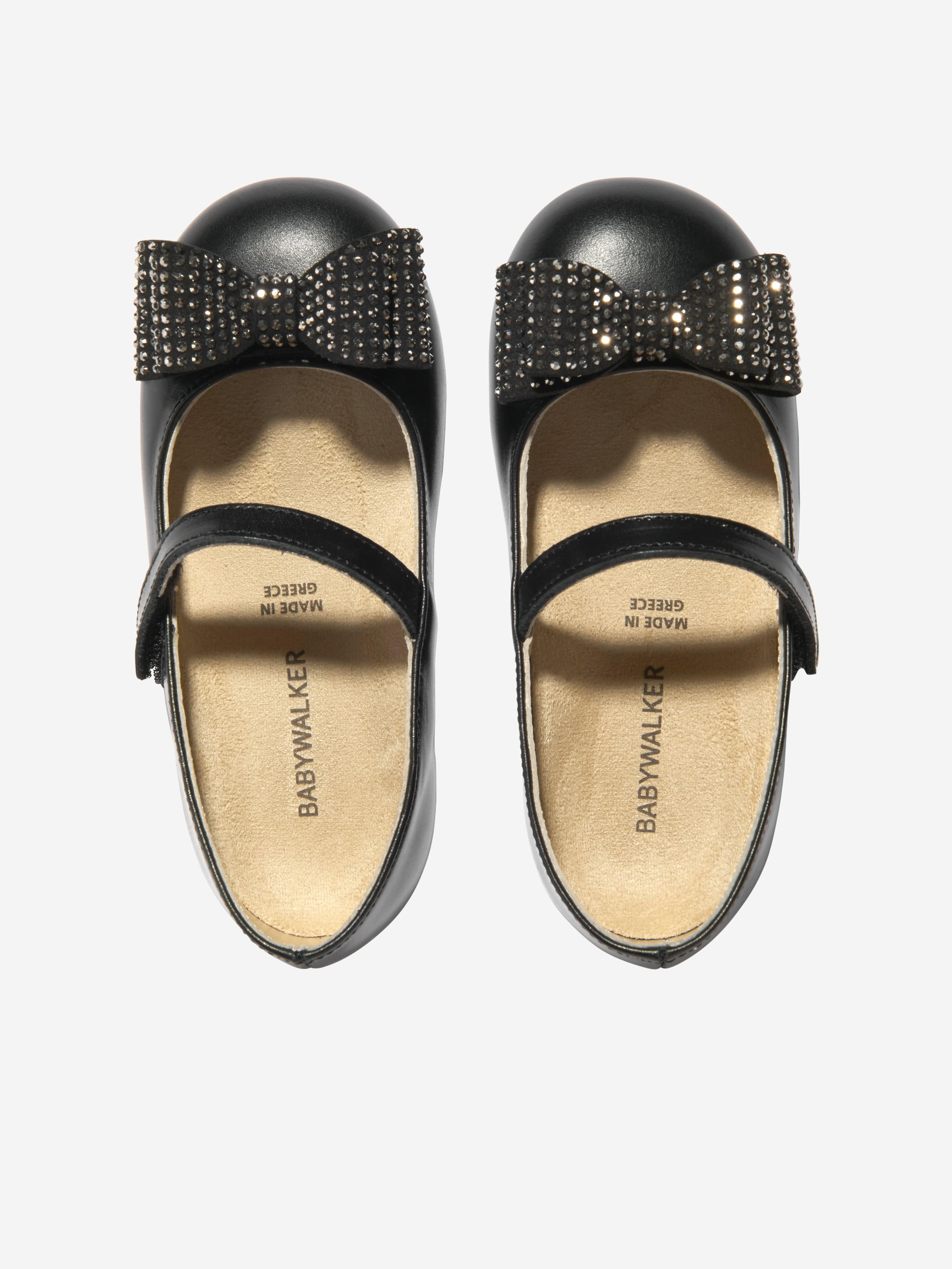 BABYWALKER Girls Leather Diamond Bow Ballerinas in Black
