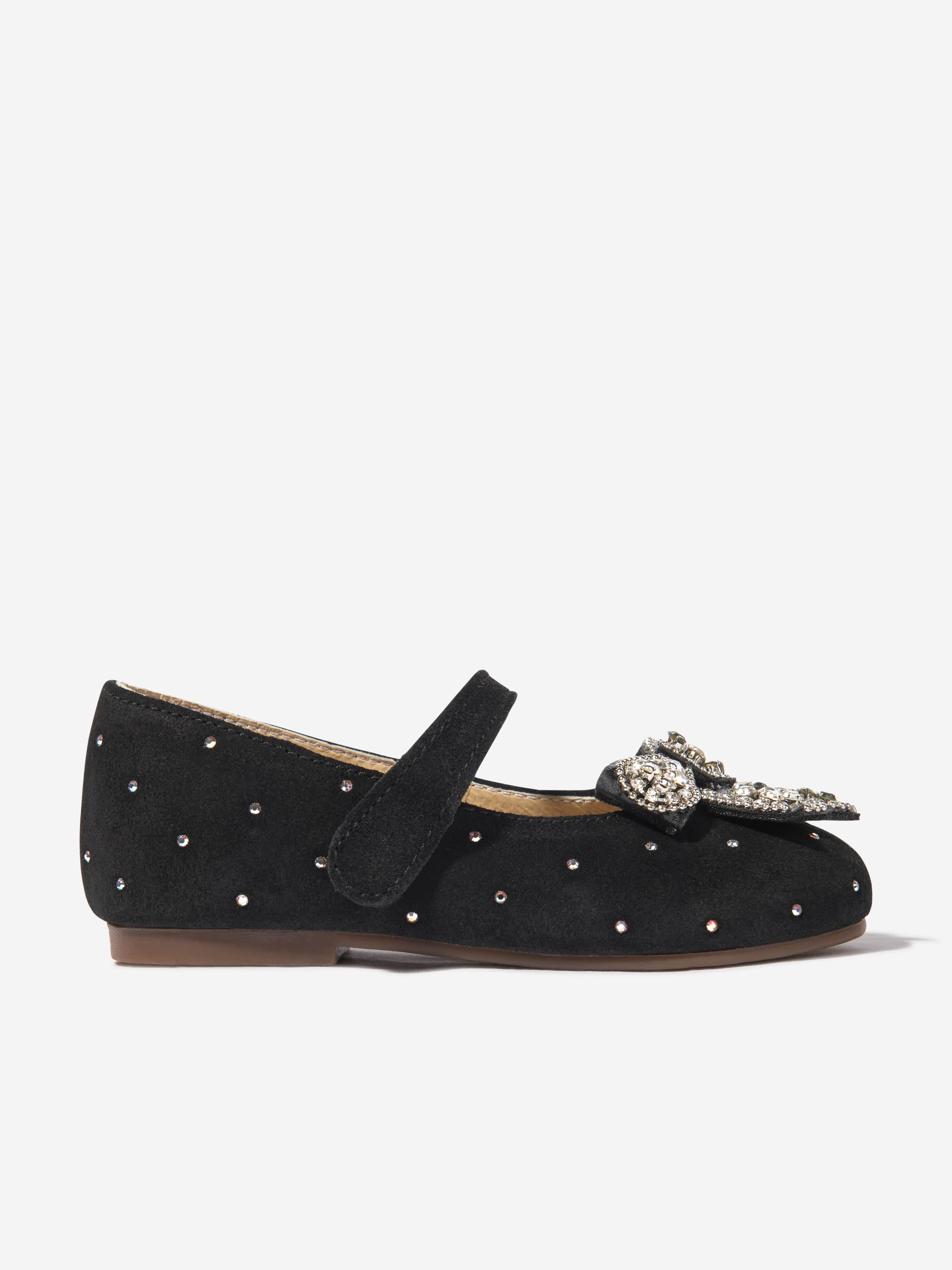BABYWALKER Girls Suede Swarovski Bow Ballerinas in Black